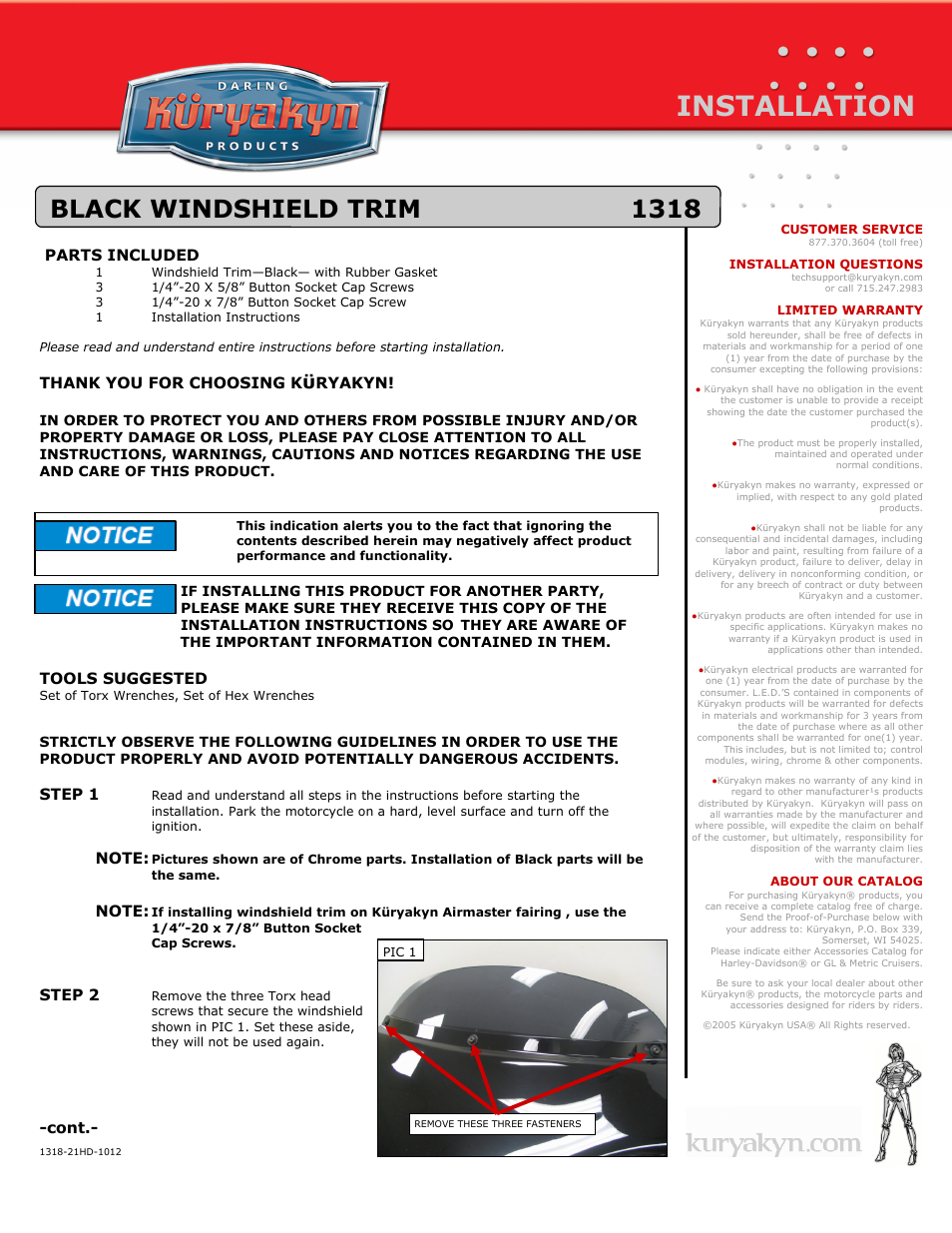 Kuryakyn 1318 BLACK WINDSHIELD TRIM User Manual | 2 pages