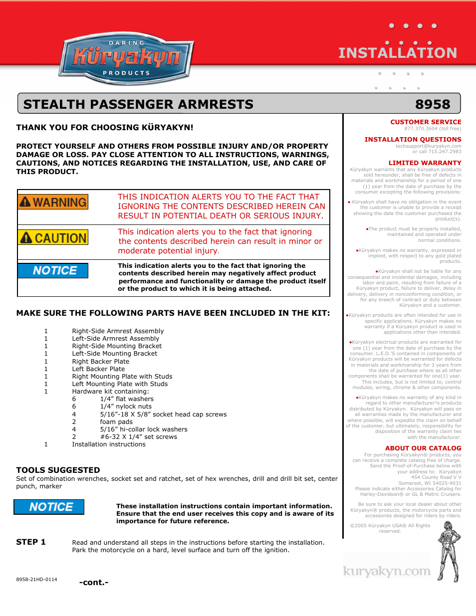 Kuryakyn 8958 STEALTH PASSENGER ARMRESTS User Manual | 4 pages