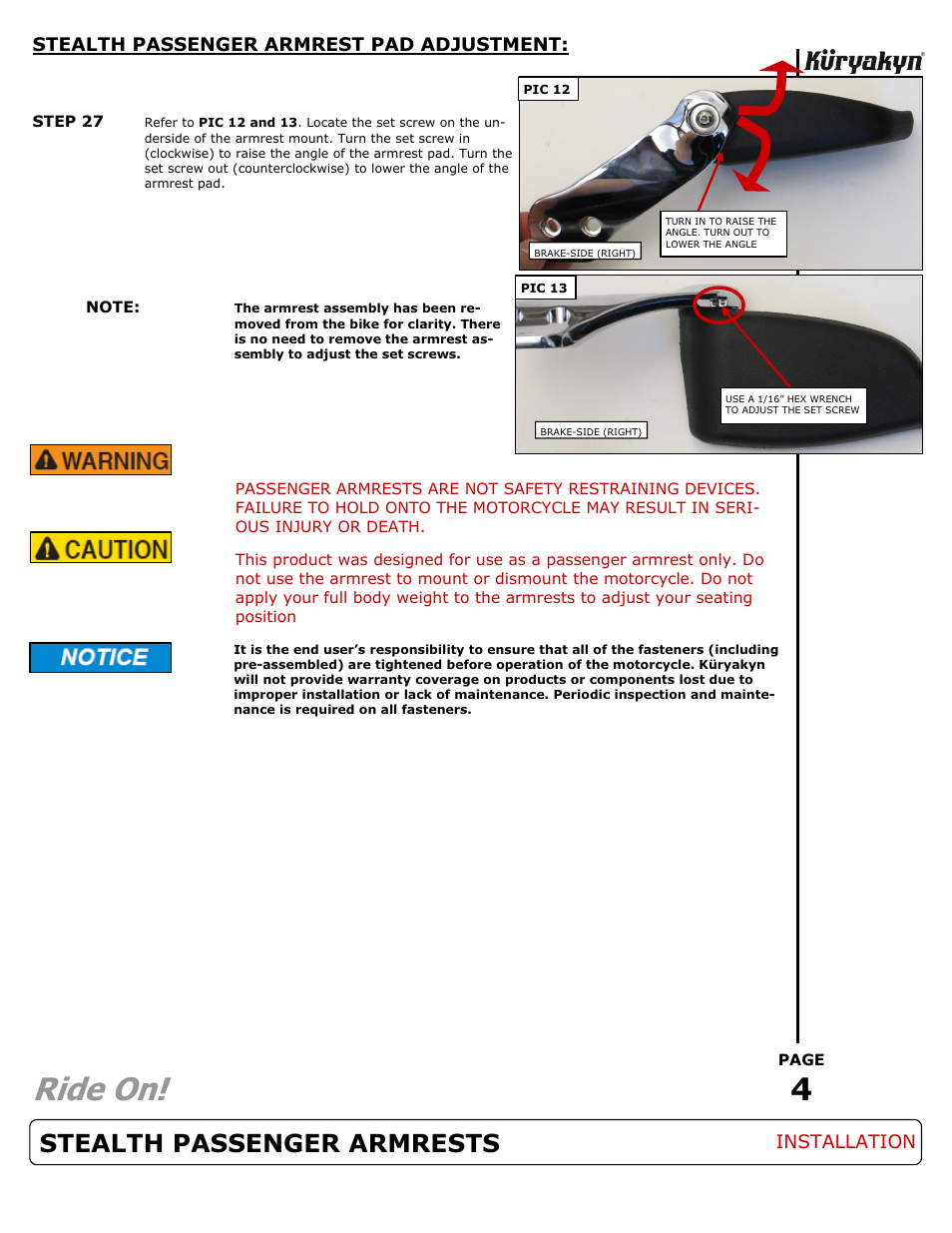 Ride on, Stealth passenger armrests | Kuryakyn 8958 STEALTH PASSENGER ARMRESTS User Manual | Page 4 / 4