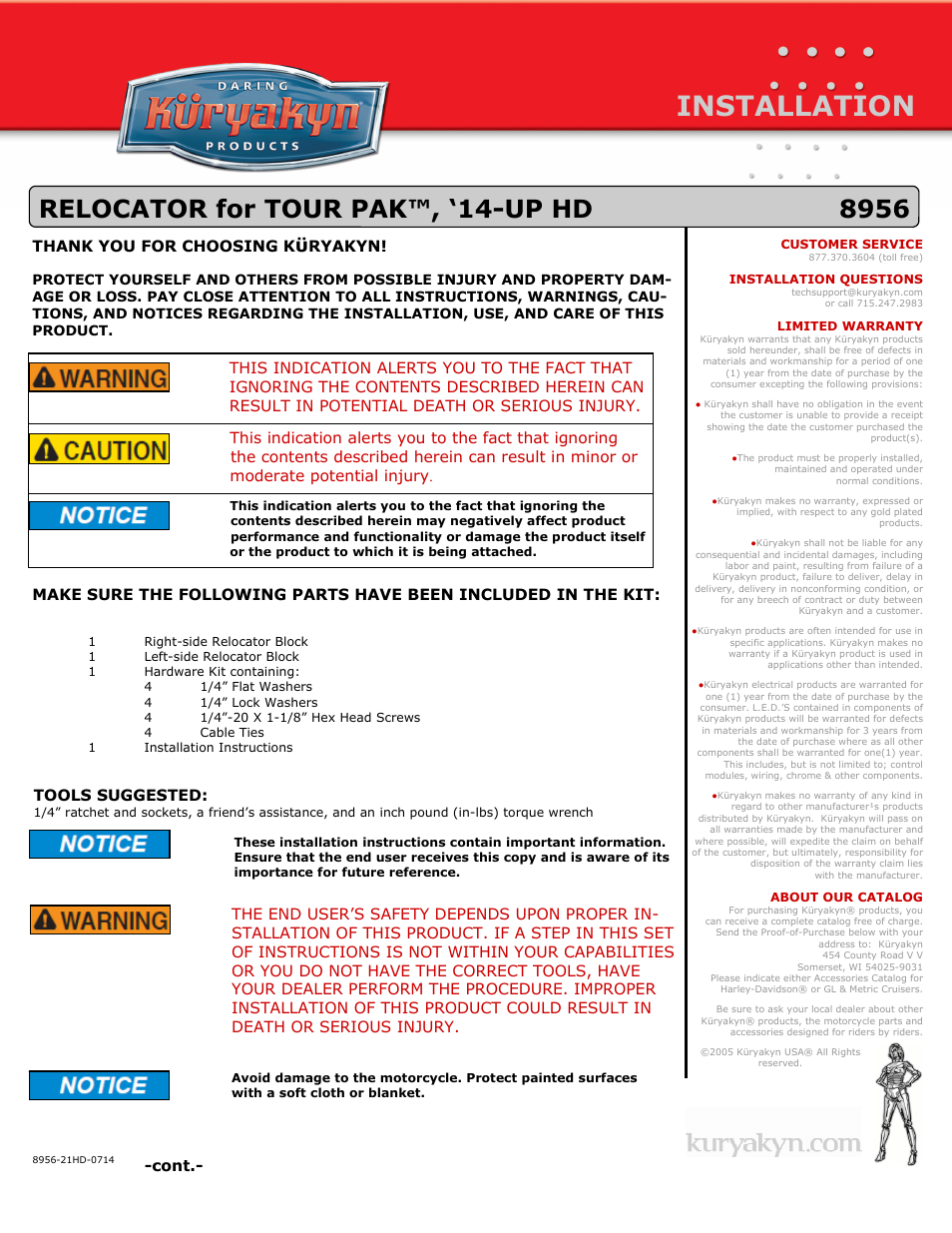 Kuryakyn 8956 RELOCATOR for TOUR PAK, 14-UP HD User Manual | 2 pages