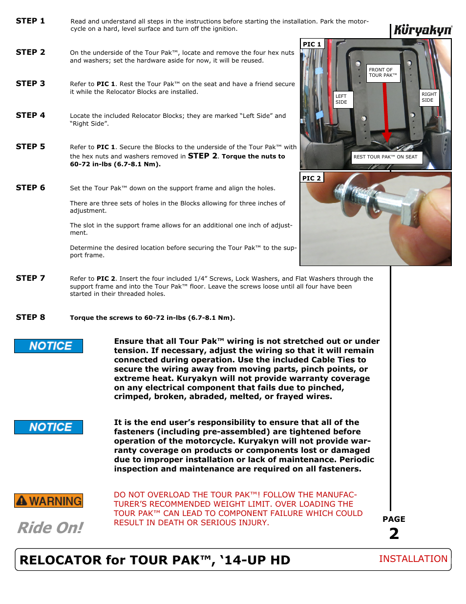 Ride on, Relocator for tour pak™, ‘14-up hd, Installation | Kuryakyn 8956 RELOCATOR for TOUR PAK, 14-UP HD User Manual | Page 2 / 2