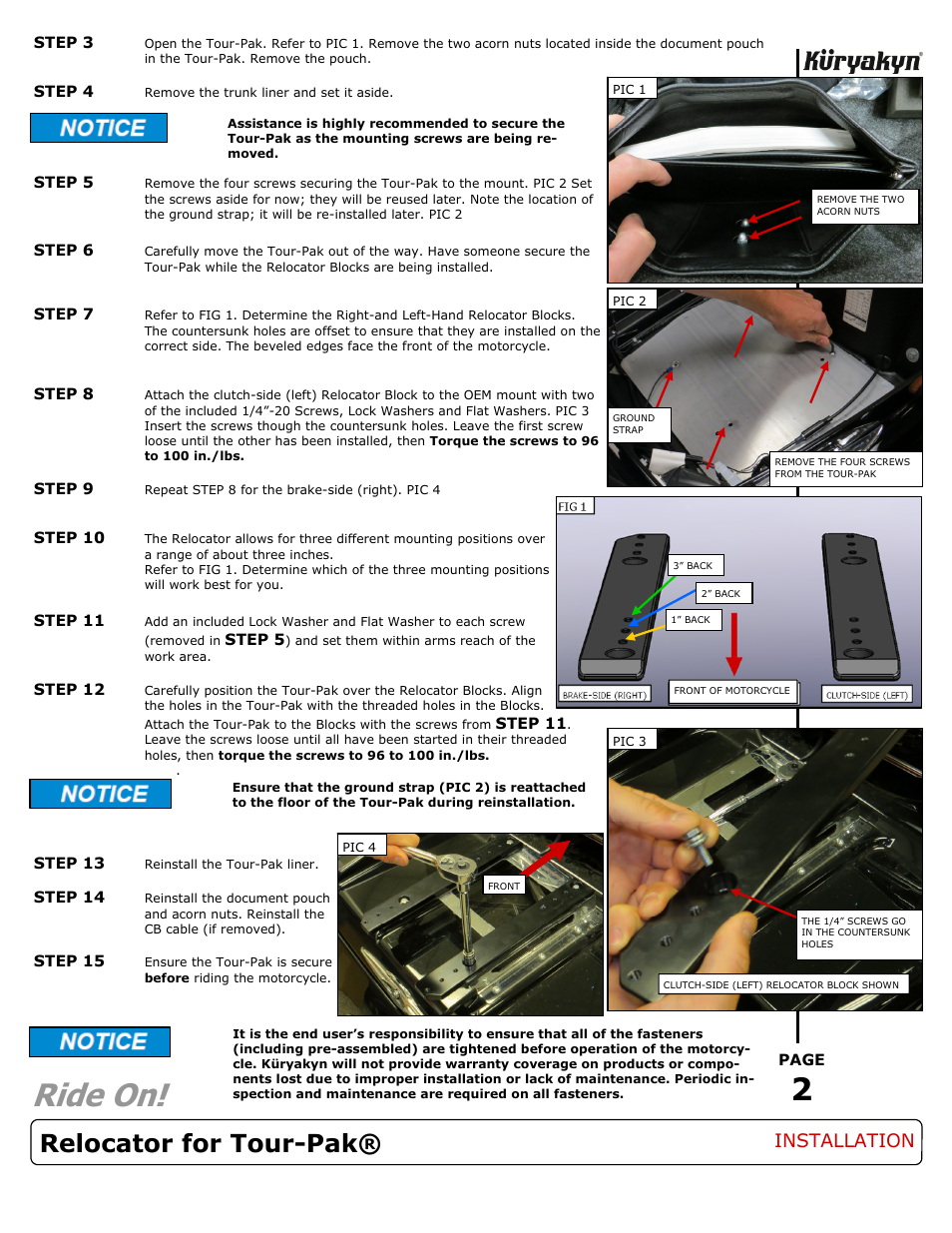 Ride on, Relocator for tour-pak, Installation | Kuryakyn 8957 RELOCATOR for TOUR PAK User Manual | Page 2 / 2