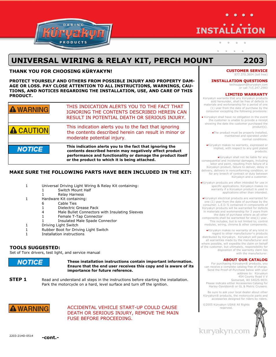 Kuryakyn 2203 UNIVERSAL WIRING & RELAY KIT, PERCH MOUNT User Manual | 4 pages