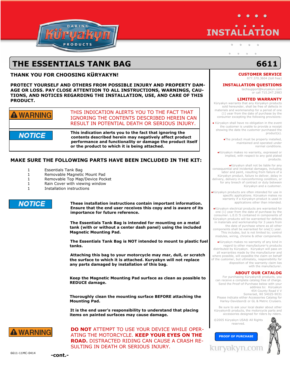 Kuryakyn 6611 THE ESSENTIALS TANK BAG User Manual | 2 pages