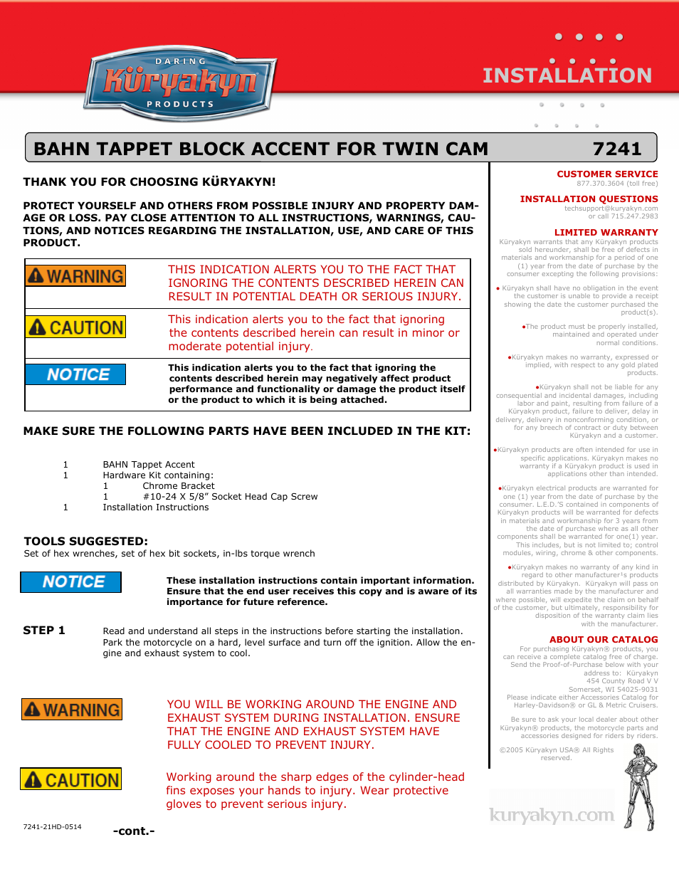 Kuryakyn 7241 BAHN TAPPET BLOCK ACCENT FOR TWIN CAM User Manual | 2 pages