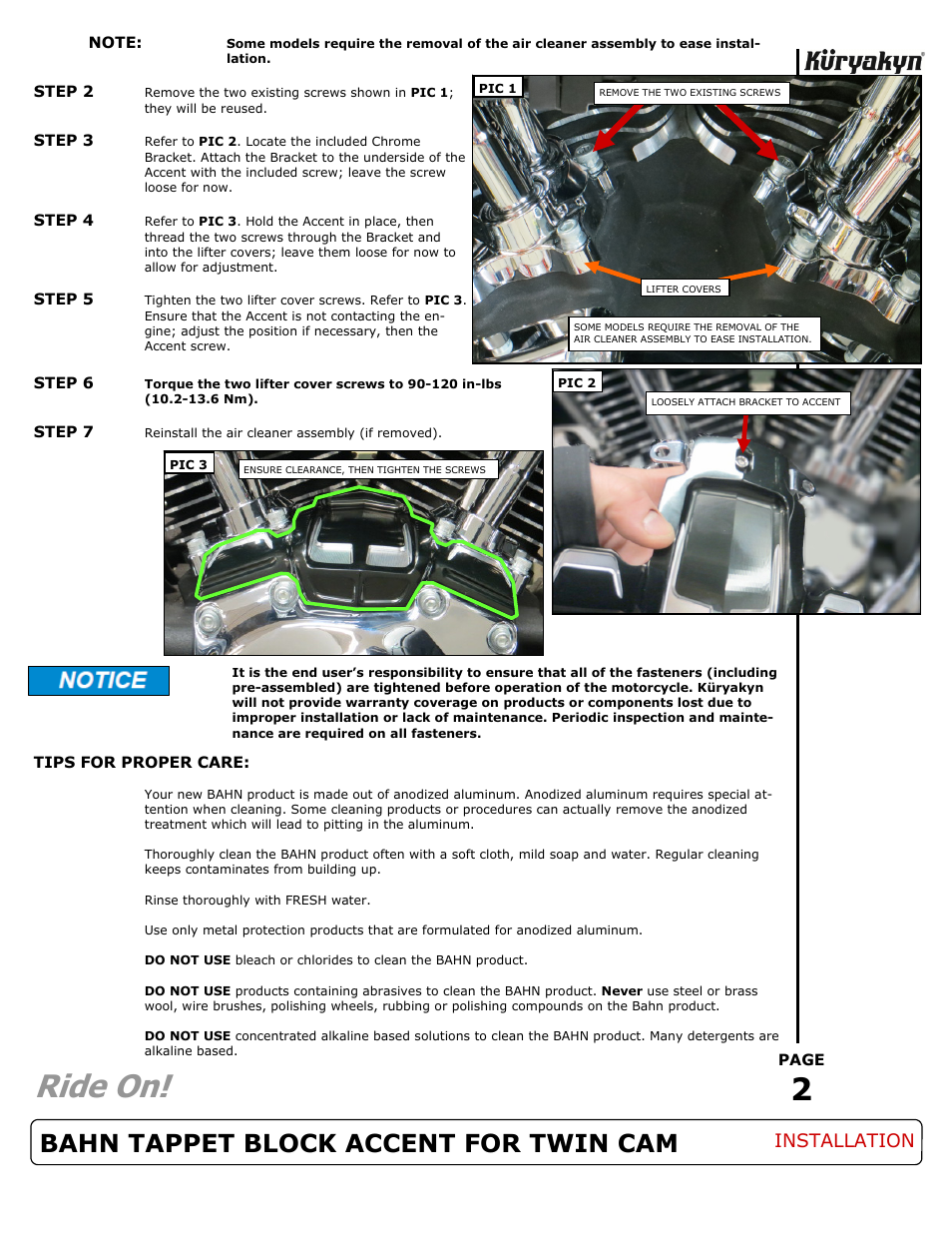 Ride on, Bahn tappet block accent for twin cam, Installation | Kuryakyn 7241 BAHN TAPPET BLOCK ACCENT FOR TWIN CAM User Manual | Page 2 / 2