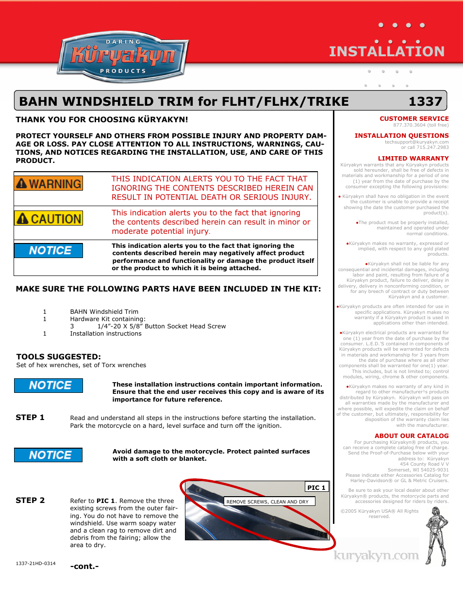 Kuryakyn 1337 BAHN WINDSHIELD TRIM for FLHT/FLHX/TRIKE User Manual | 2 pages