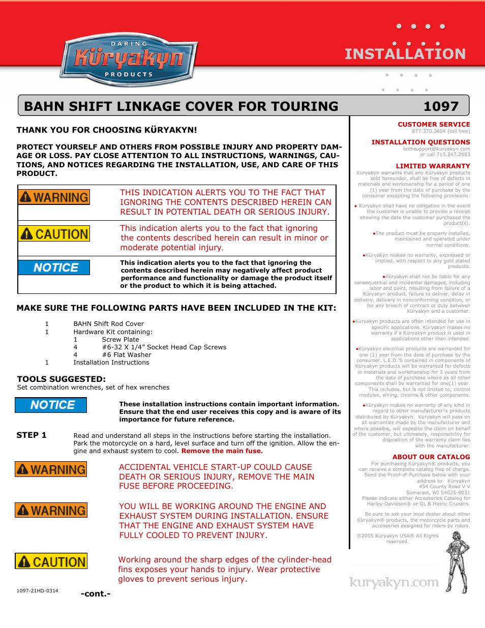 Kuryakyn 1097 BAHN SHIFT LINKAGE COVER FOR TOURING User Manual | 2 pages