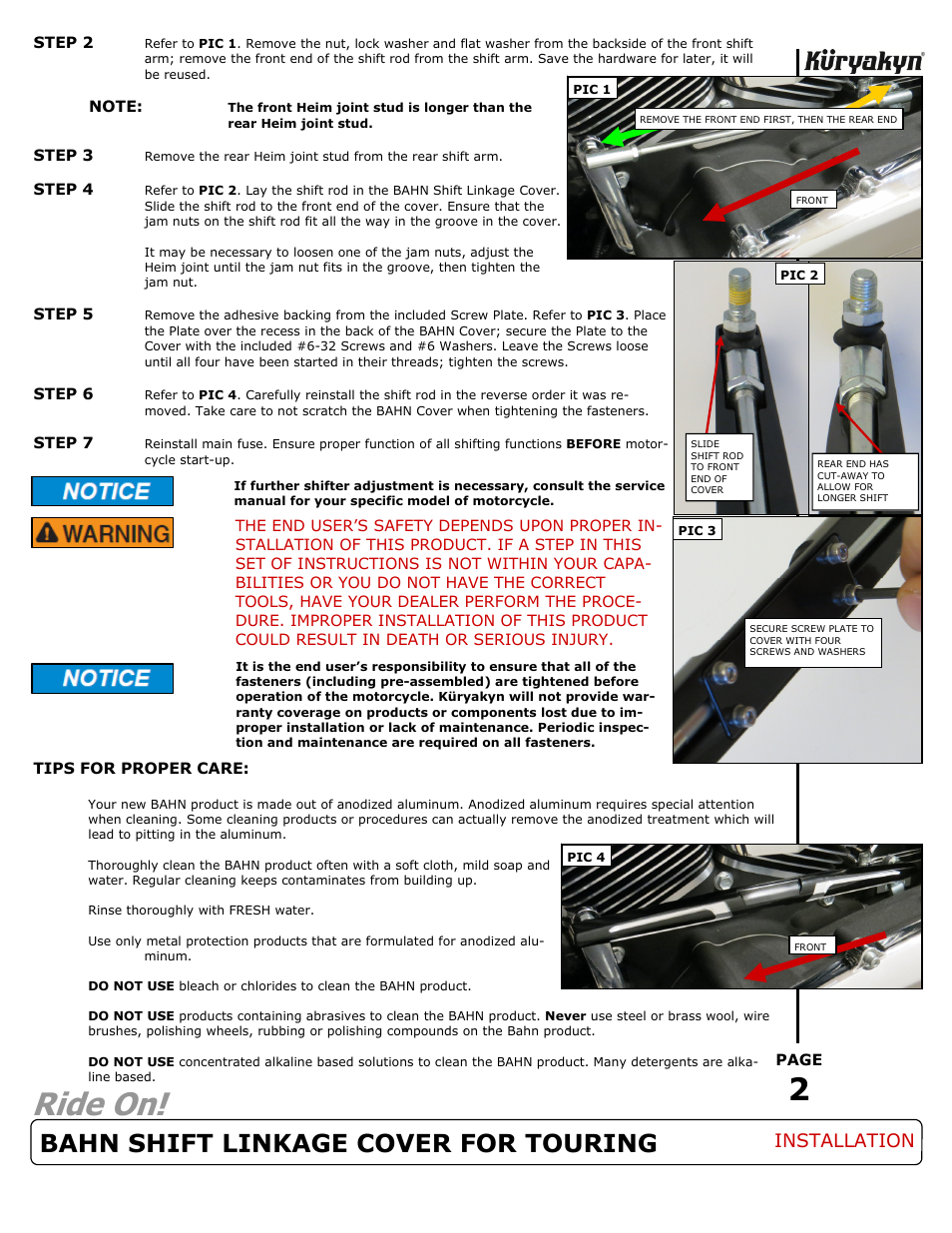 Ride on, Bahn shift linkage cover for touring, Installation | Kuryakyn 1097 BAHN SHIFT LINKAGE COVER FOR TOURING User Manual | Page 2 / 2