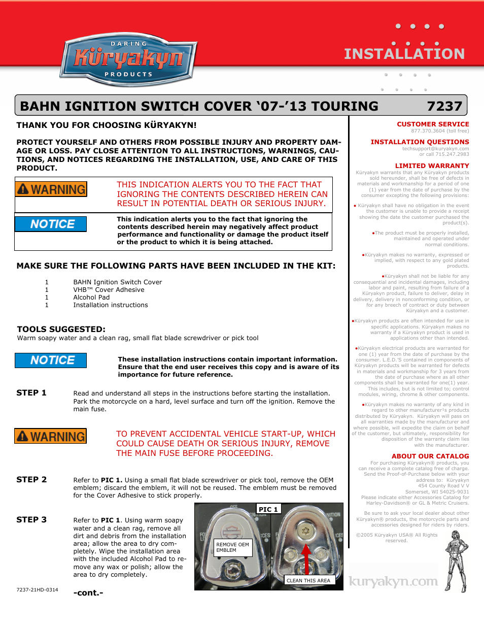 Kuryakyn 7237 BAHN IGNITION SWITCH COVER 07-13 TOURING User Manual | 2 pages