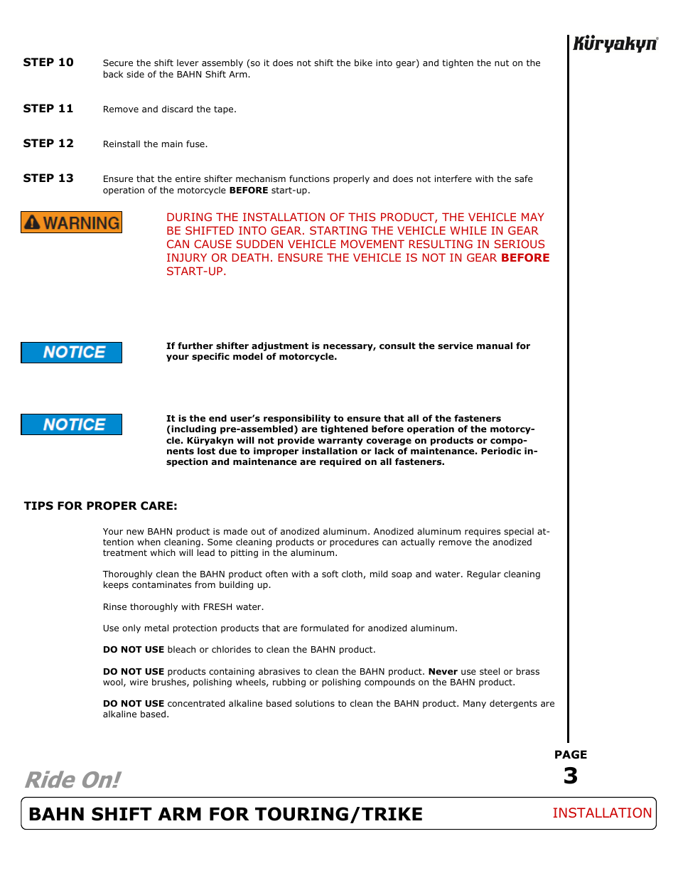 Ride on, Bahn shift arm for touring/trike, Installation | Kuryakyn 1096 BAHN SHIFT ARM FOR TOURING/TRIKE User Manual | Page 3 / 3