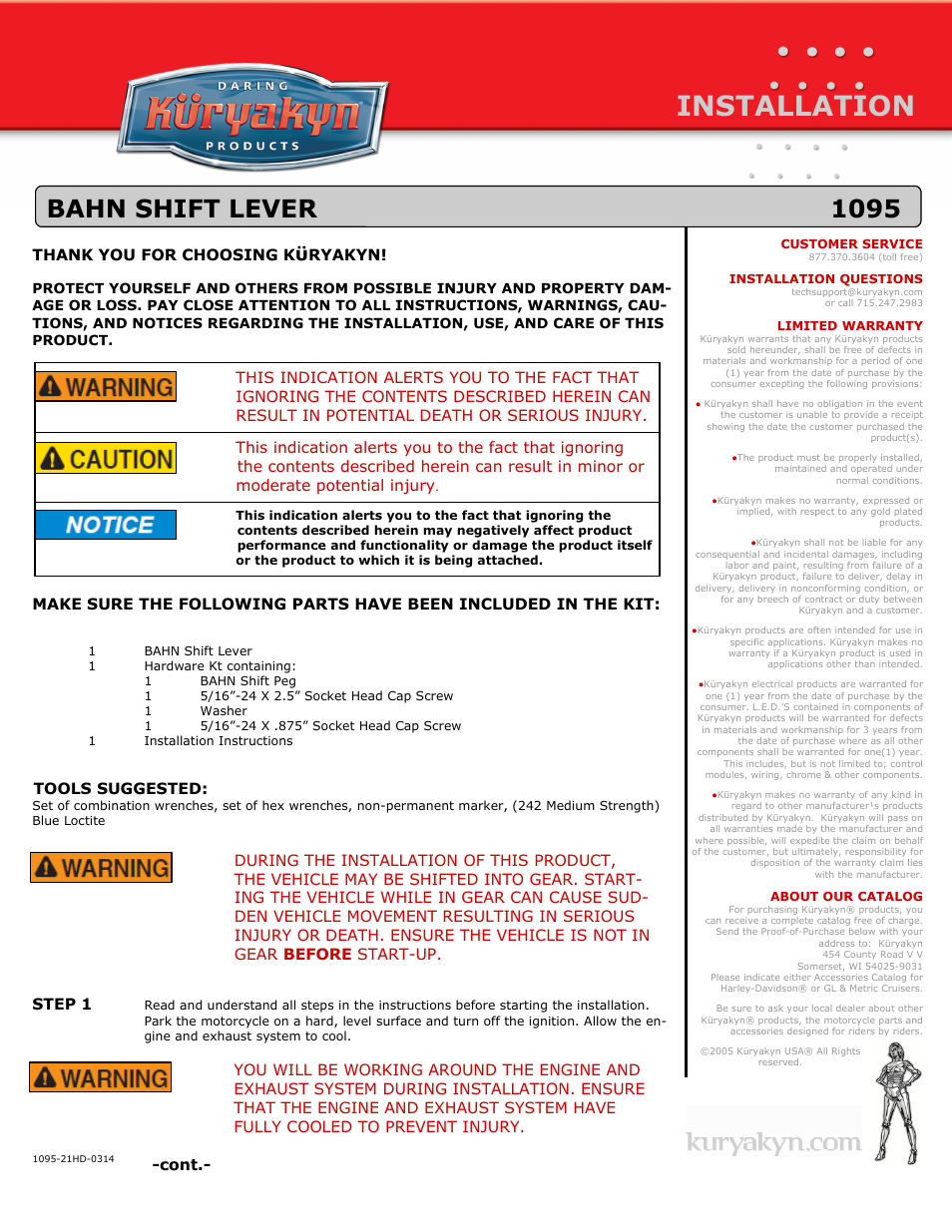 Kuryakyn 1095 BAHN SHIFT LEVER User Manual | 3 pages