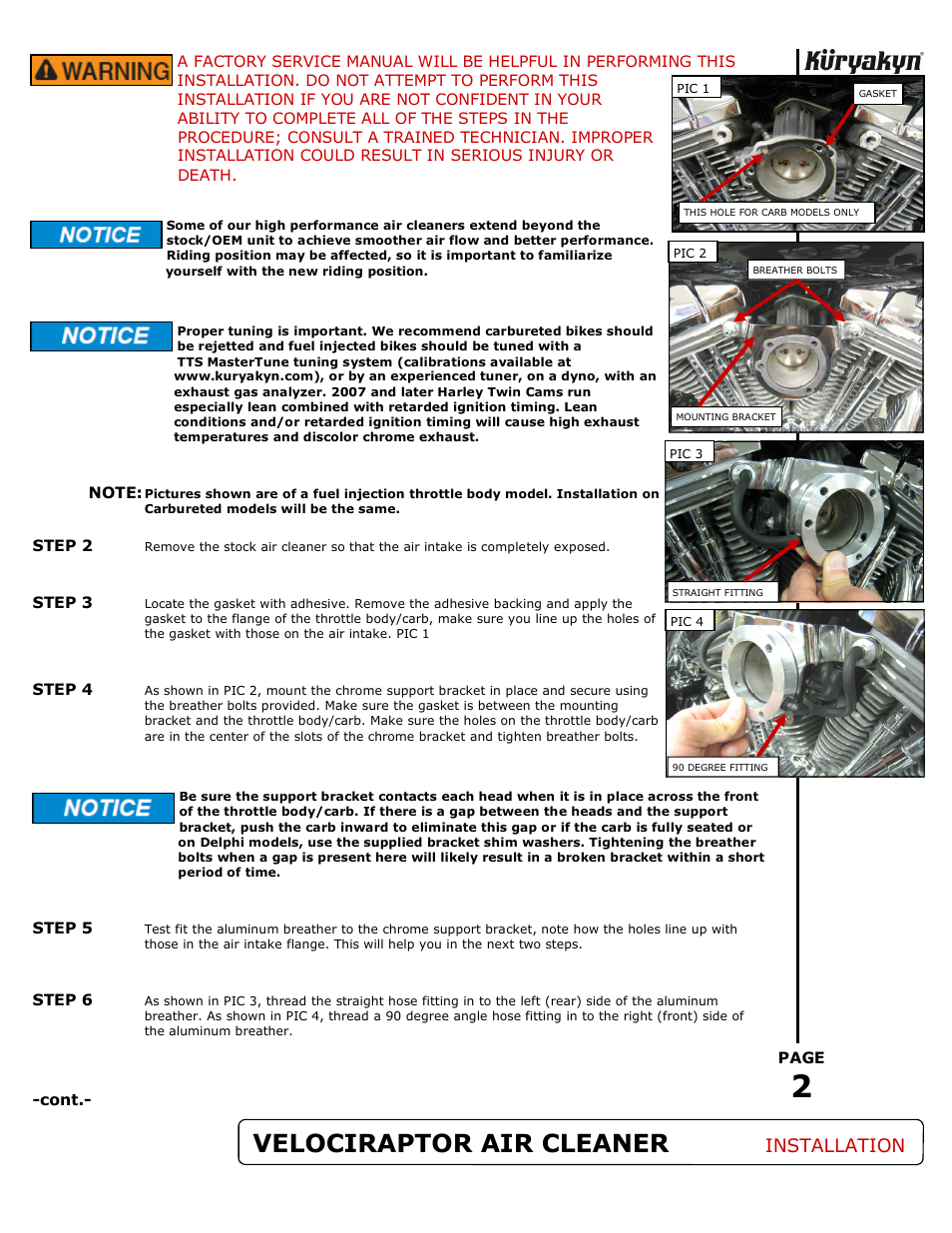Velociraptor air cleaner, Installation | Kuryakyn 9512 VELOCIRAPTOR AIR CLEANER KIT User Manual | Page 2 / 3