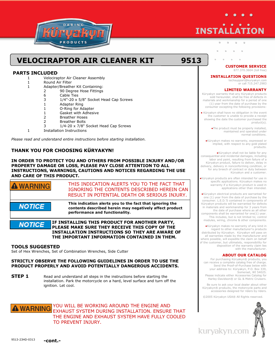 Kuryakyn 9513 VELOCIRAPTOR AIR CLEANER KIT User Manual | 3 pages