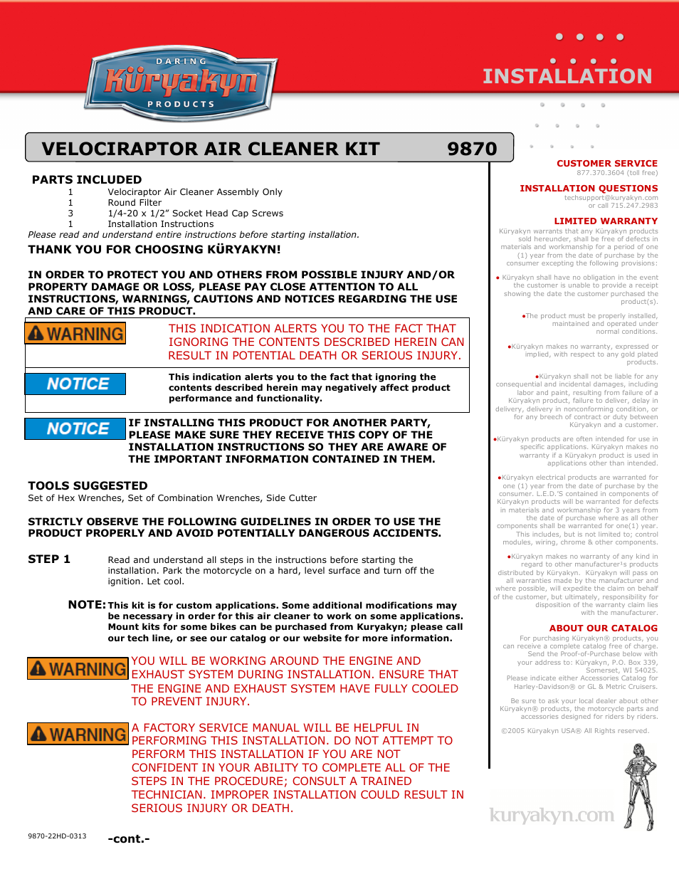 Kuryakyn 9870 VELOCIRAPTOR AIR CLEANER KIT User Manual | 2 pages