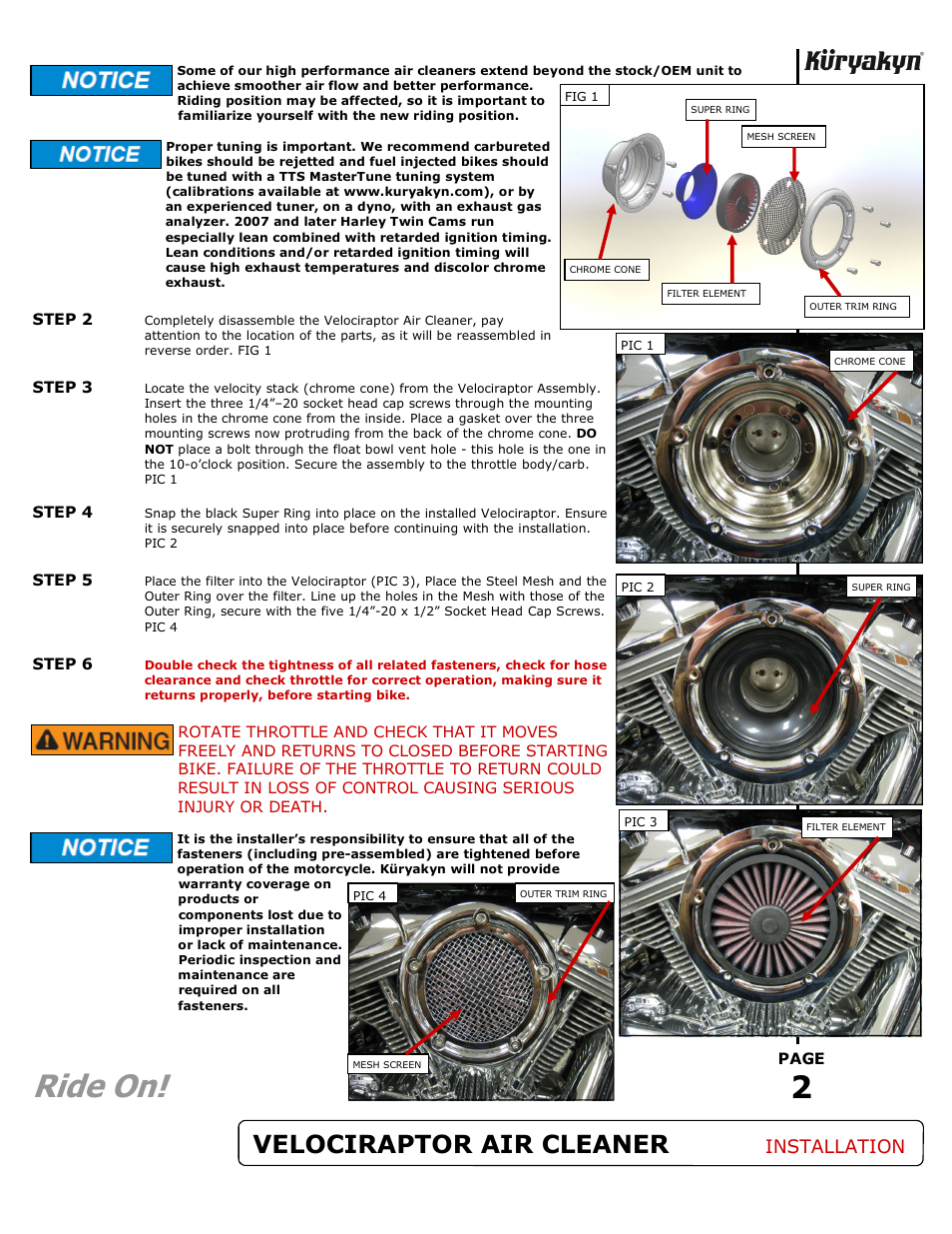 Ride on, Velociraptor air cleaner, Installation | Kuryakyn 9870 VELOCIRAPTOR AIR CLEANER KIT User Manual | Page 2 / 2