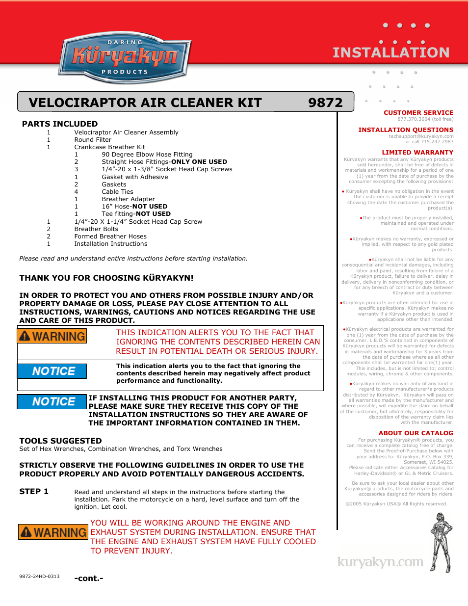 Kuryakyn 9872 VELOCIRAPTOR AIR CLEANER KIT User Manual | 3 pages