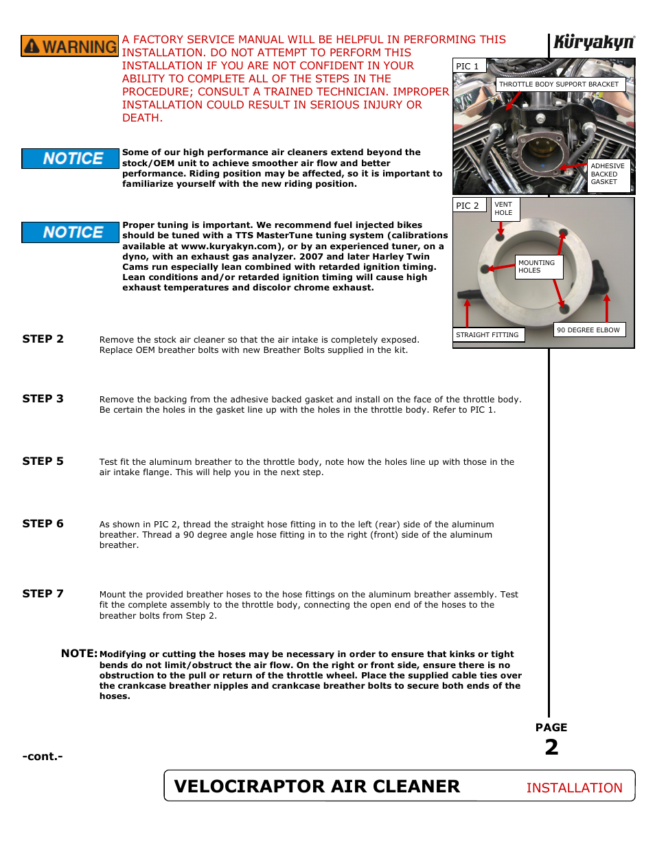 Velociraptor air cleaner, Installation | Kuryakyn 9872 VELOCIRAPTOR AIR CLEANER KIT User Manual | Page 2 / 3