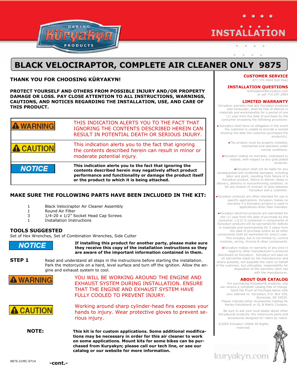 Kuryakyn 9875 BLACK VELOCIRAPTOR, COMPLETE AIR CLEANER ONLY User Manual | 2 pages