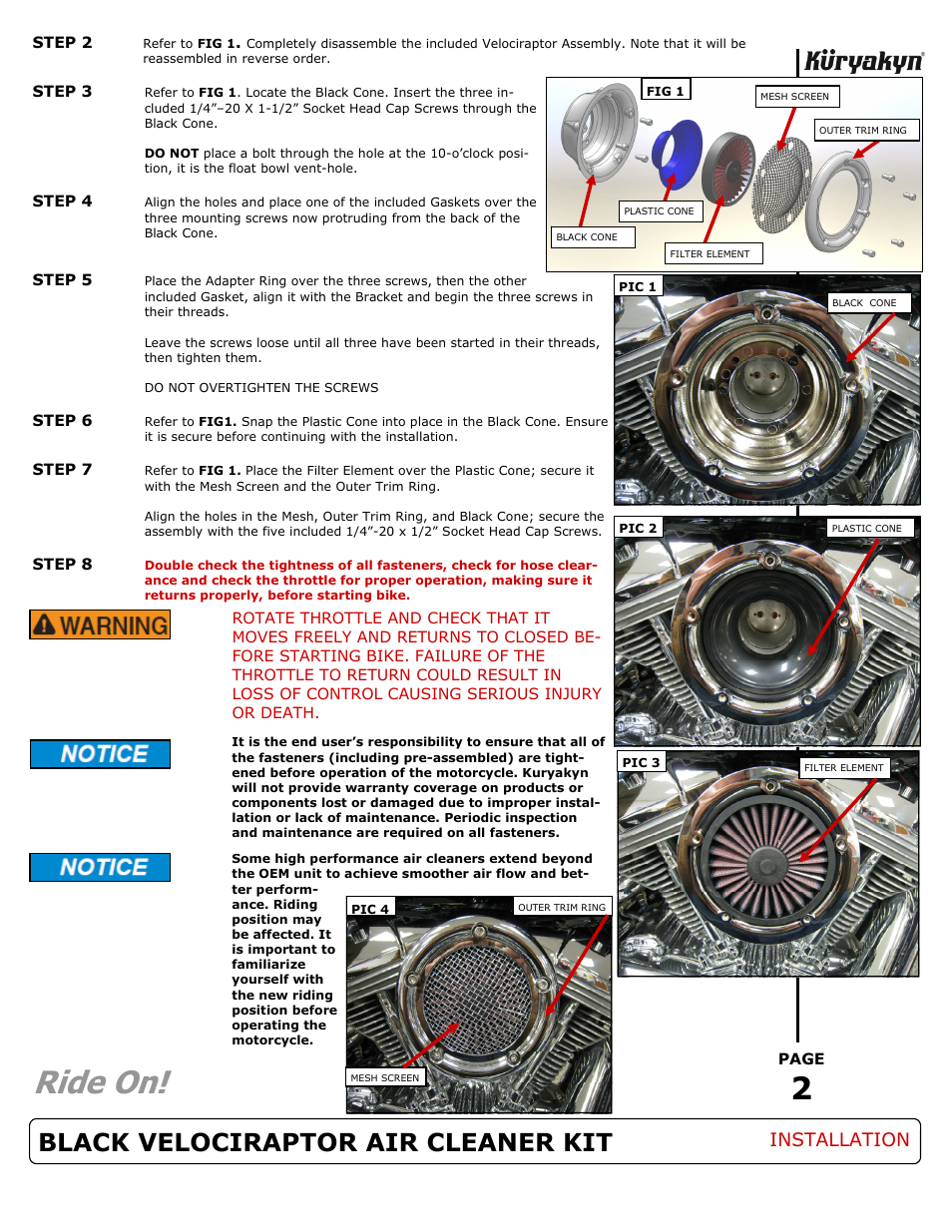 Ride on, Black velociraptor air cleaner kit, Installation | Kuryakyn 9875 BLACK VELOCIRAPTOR, COMPLETE AIR CLEANER ONLY User Manual | Page 2 / 2