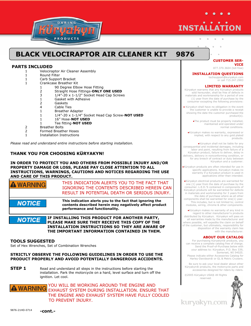 Kuryakyn 9876 BLACK VELOCIRAPTOR AIR CLEANER KIT User Manual | 3 pages