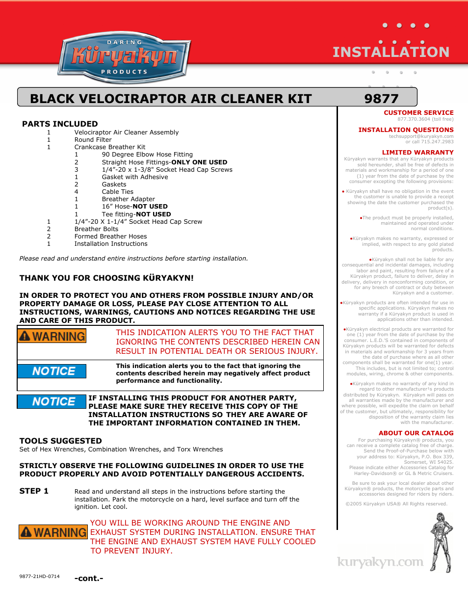 Kuryakyn 9877 BLACK VELOCIRAPTOR AIR CLEANER KIT User Manual | 3 pages