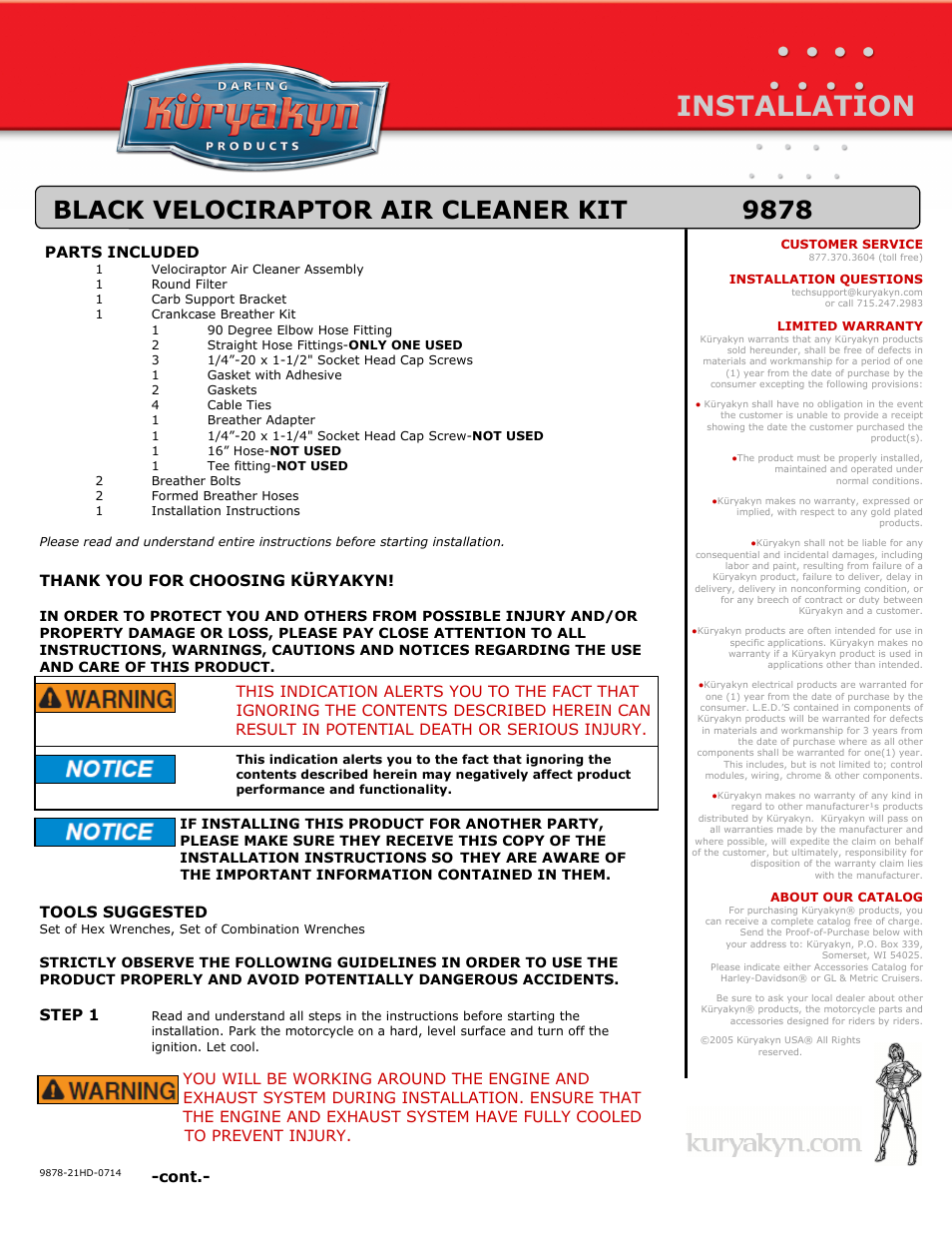 Kuryakyn 9878 BLACK VELOCIRAPTOR AIR CLEANER KIT User Manual | 3 pages