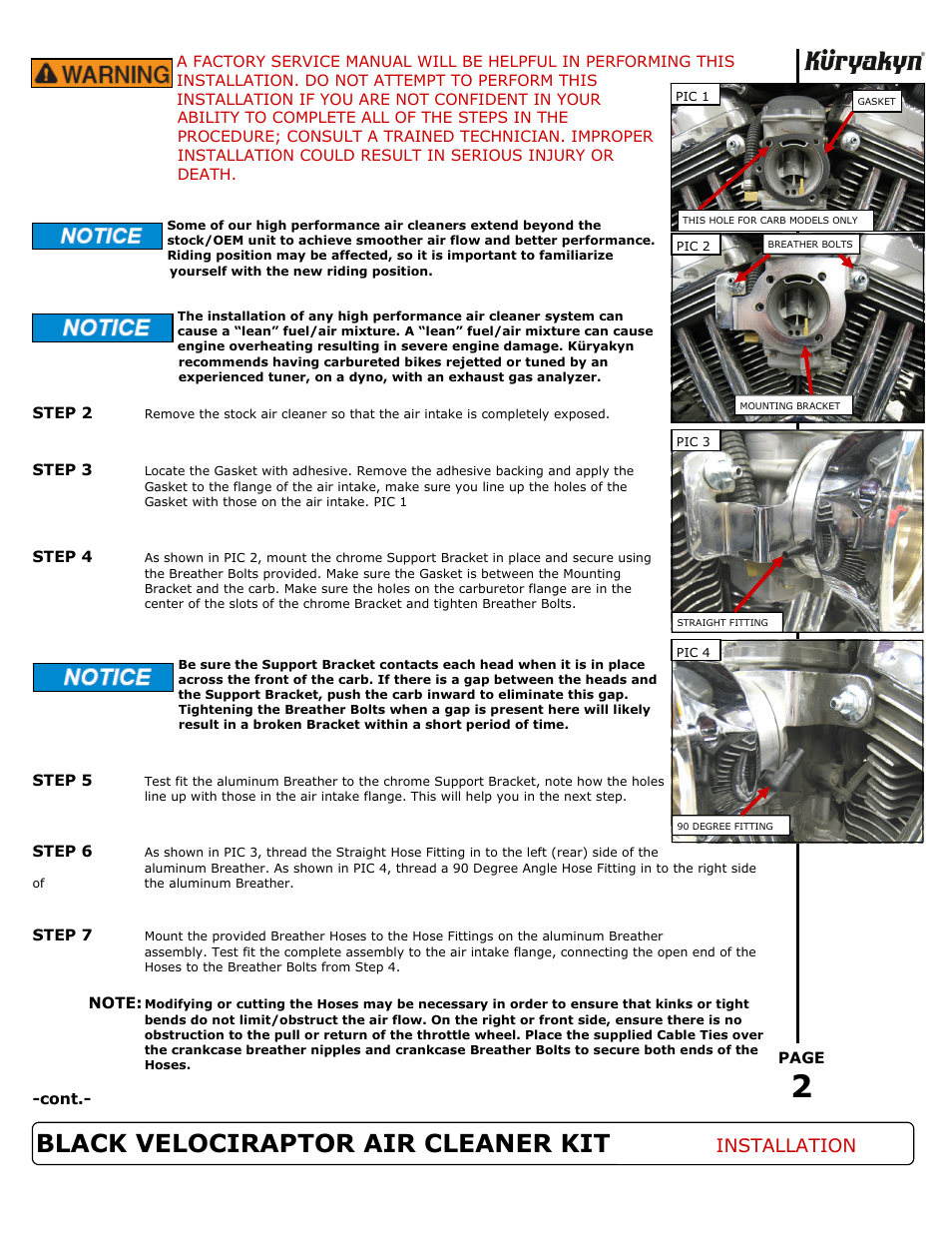 Black velociraptor air cleaner kit, Installation | Kuryakyn 9878 BLACK VELOCIRAPTOR AIR CLEANER KIT User Manual | Page 2 / 3