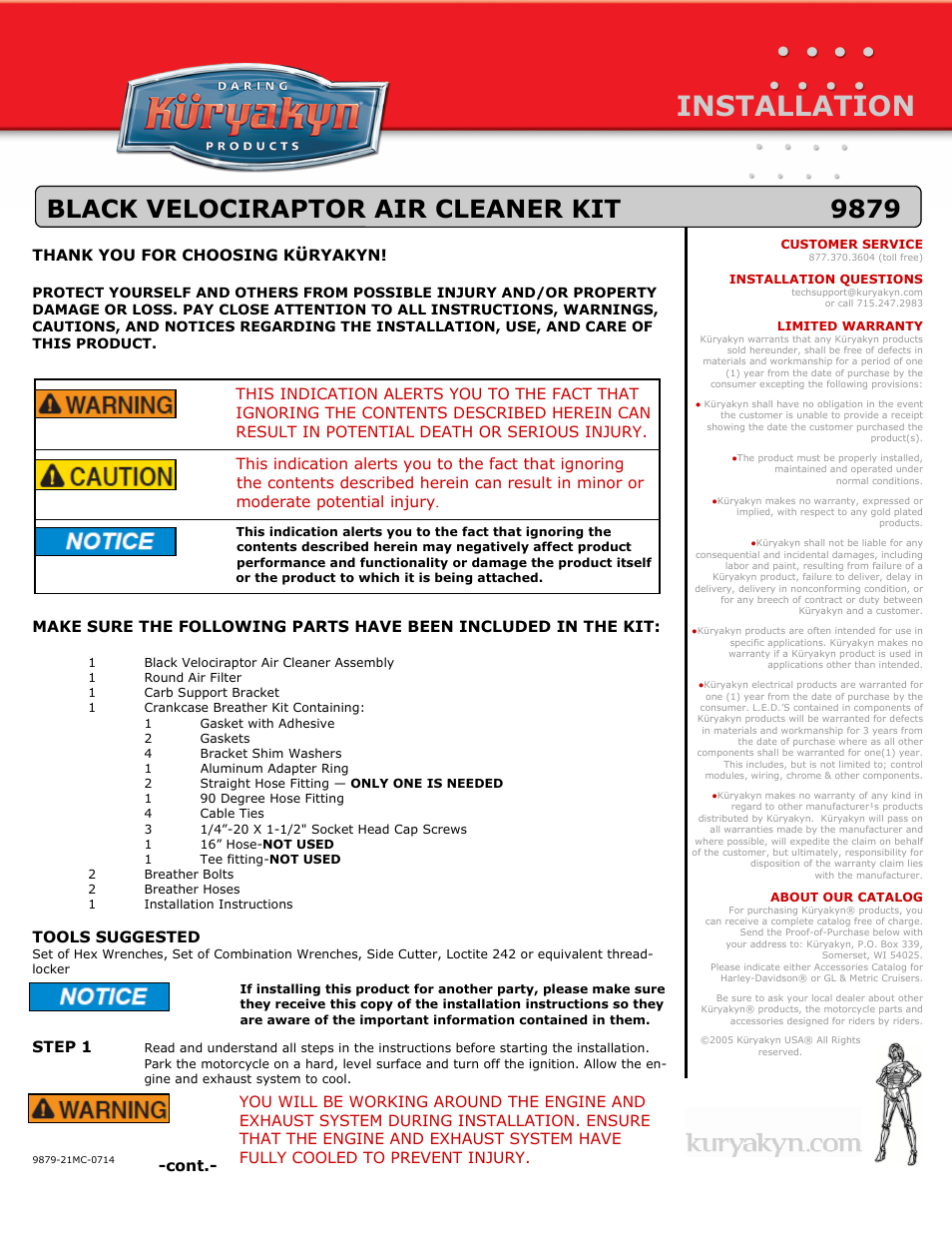 Kuryakyn 9879 BLACK VELOCIRAPTOR AIR CLEANER KIT User Manual | 3 pages