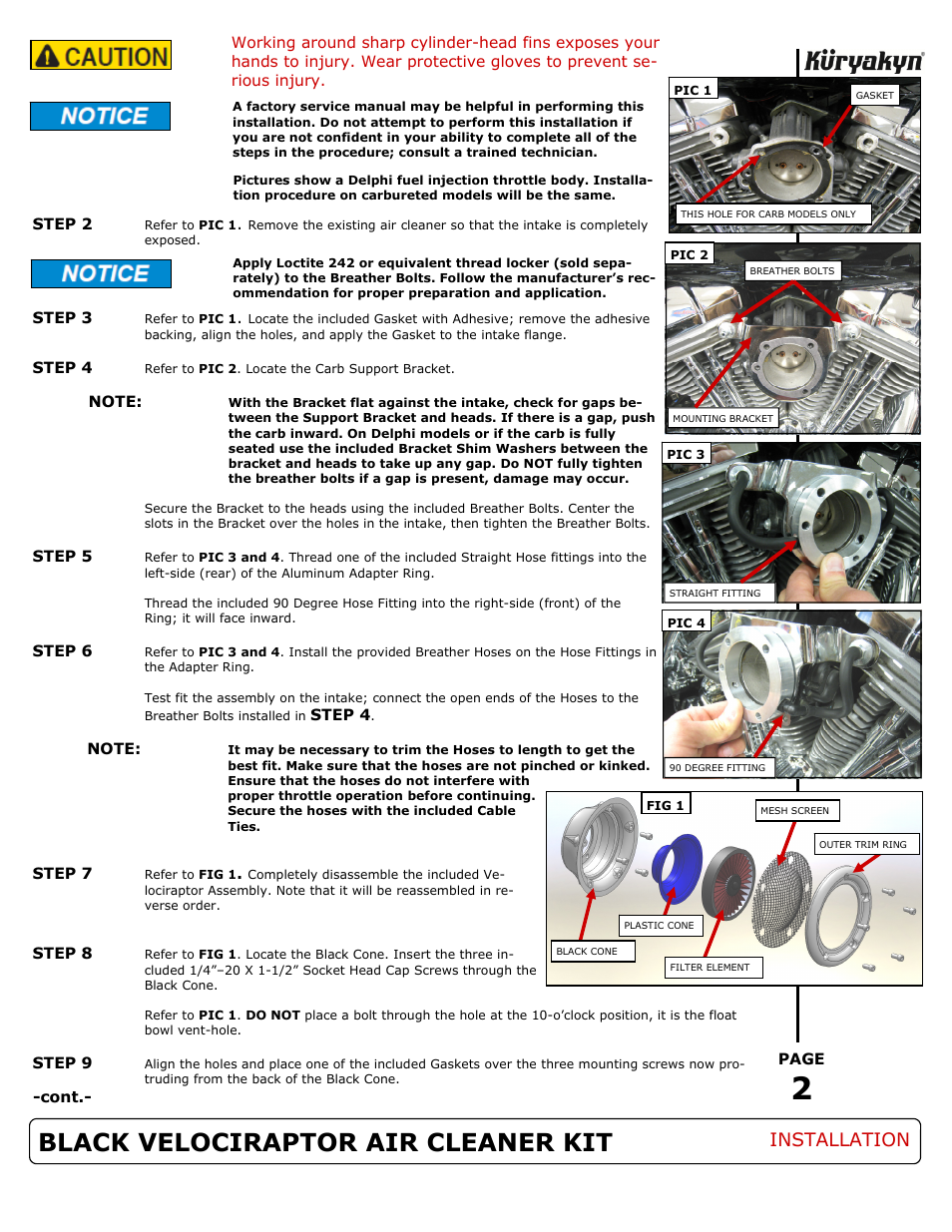 Black velociraptor air cleaner kit, Installation | Kuryakyn 9879 BLACK VELOCIRAPTOR AIR CLEANER KIT User Manual | Page 2 / 3