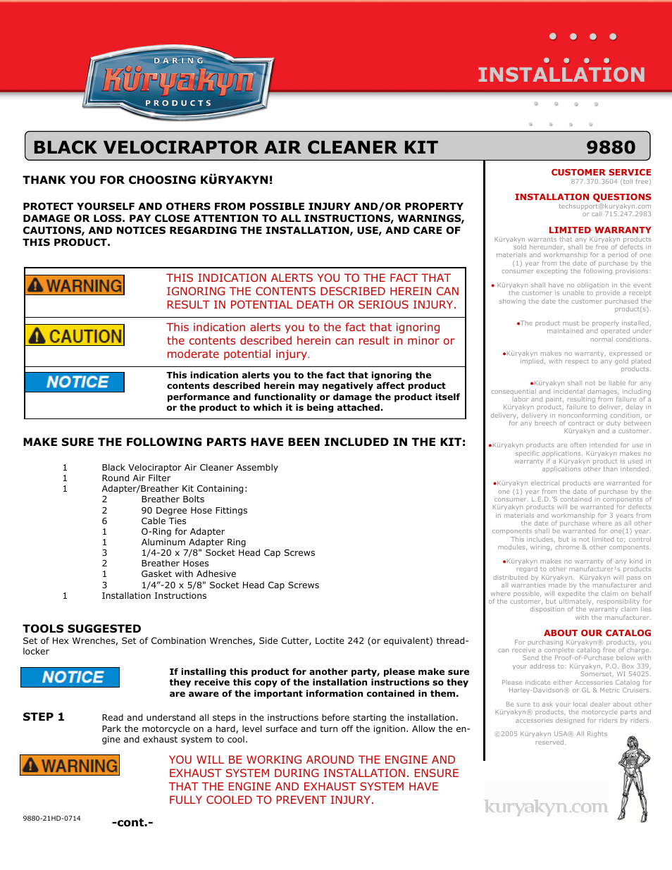 Kuryakyn 9880 BLACK VELOCIRAPTOR AIR CLEANER KIT User Manual | 3 pages