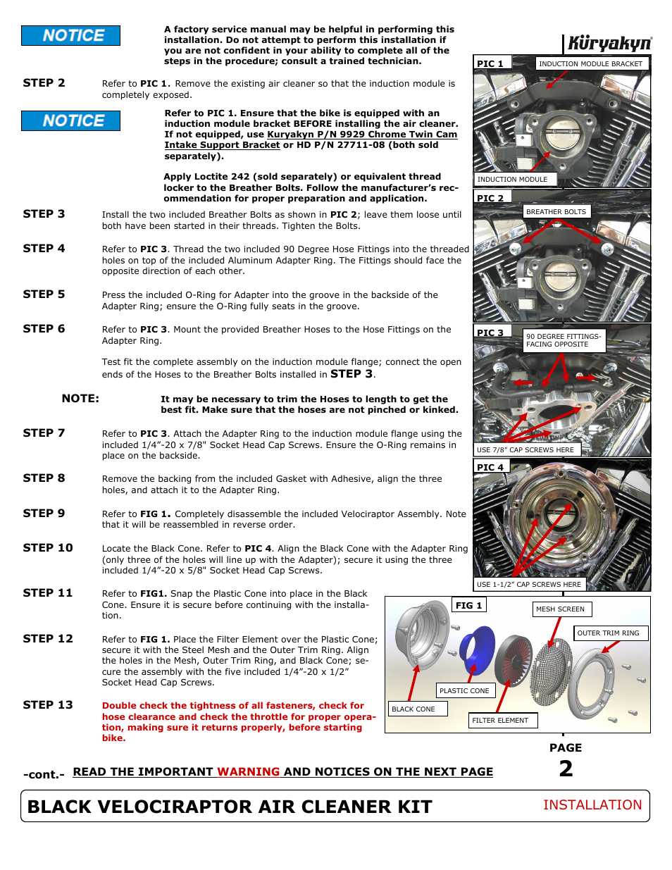 Black velociraptor air cleaner kit, Installation | Kuryakyn 9880 BLACK VELOCIRAPTOR AIR CLEANER KIT User Manual | Page 2 / 3