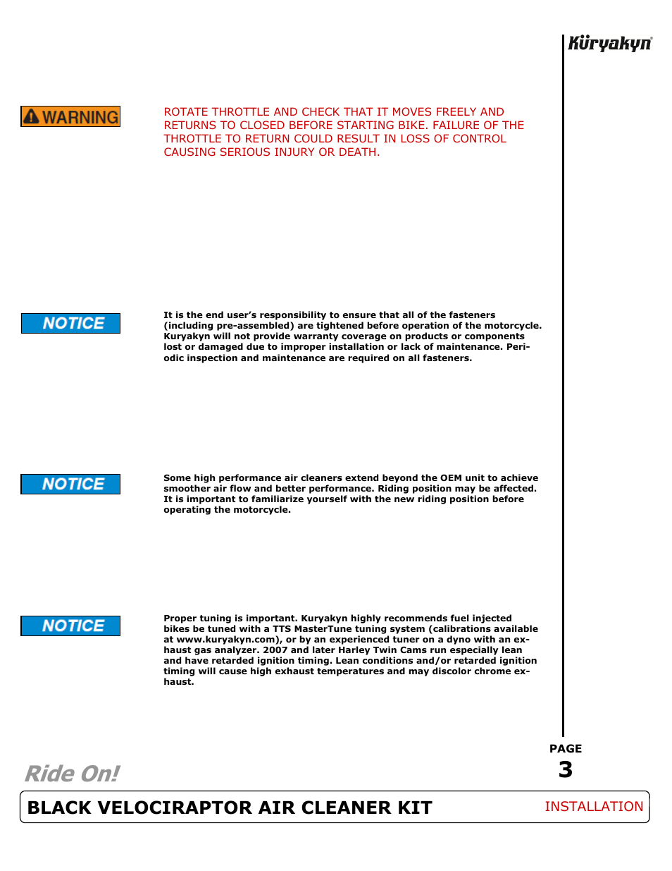 Ride on, Black velociraptor air cleaner kit | Kuryakyn 9880 BLACK VELOCIRAPTOR AIR CLEANER KIT User Manual | Page 3 / 3