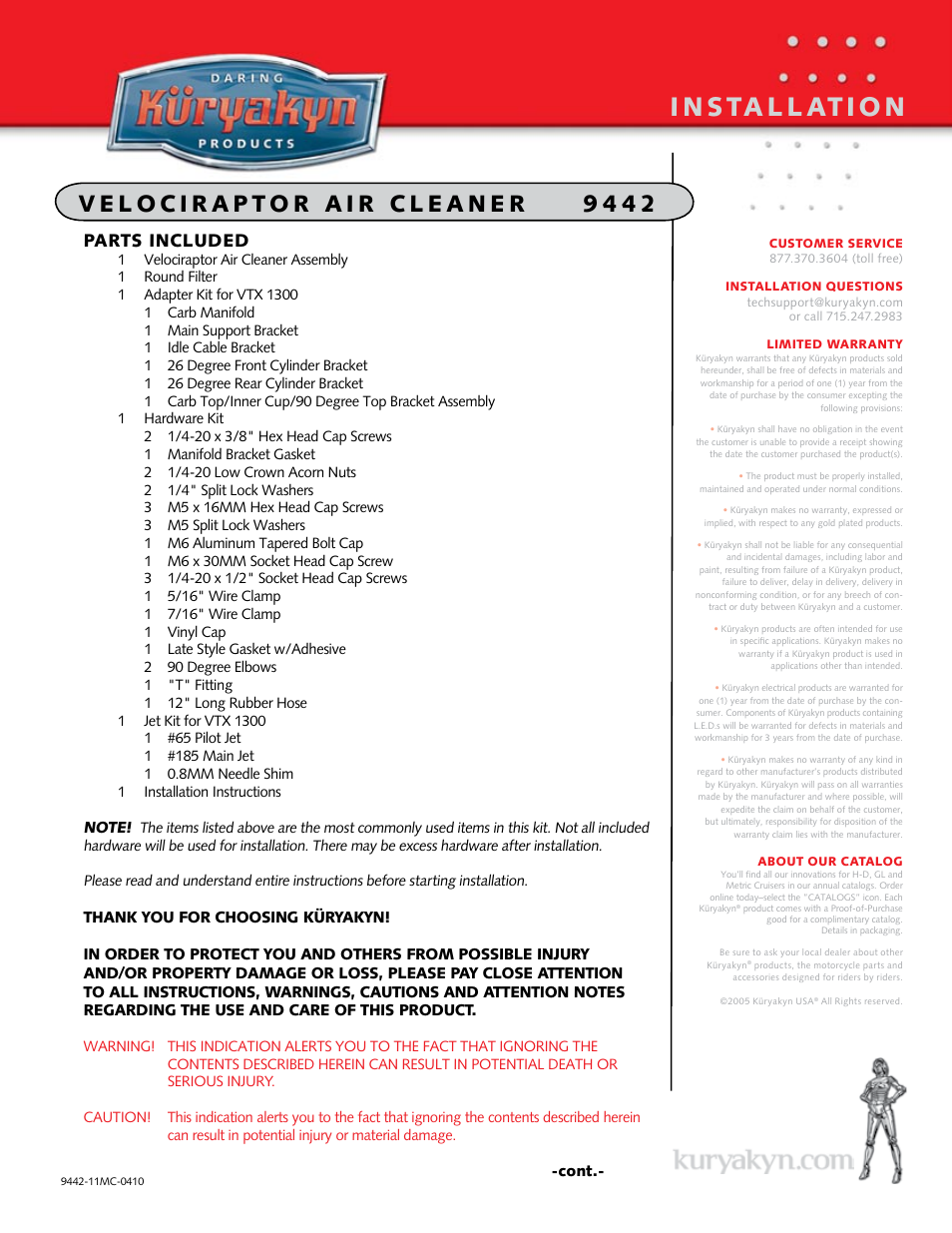 Kuryakyn 9442 VELOCIRAPTOR AIR CLEANER User Manual | 3 pages