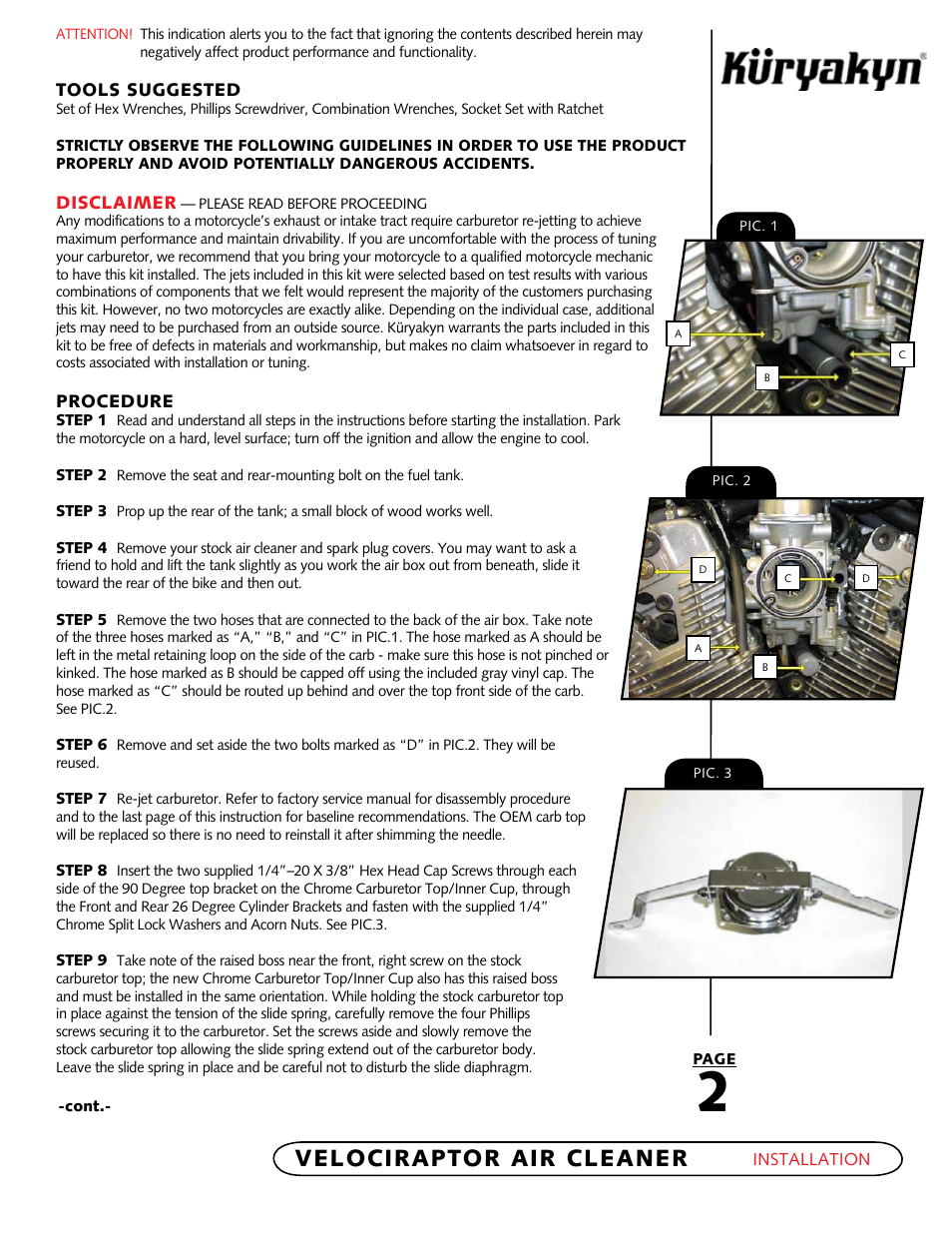 Velociraptor air cleaner | Kuryakyn 9442 VELOCIRAPTOR AIR CLEANER User Manual | Page 2 / 3