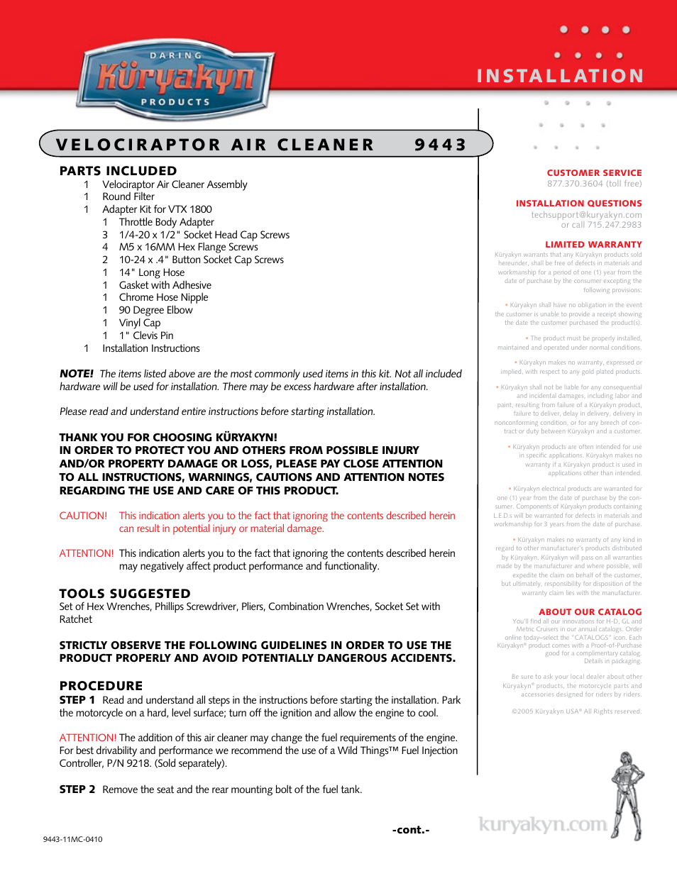 Kuryakyn 9443 VELOCIRAPTOR AIR CLEANER User Manual | 2 pages