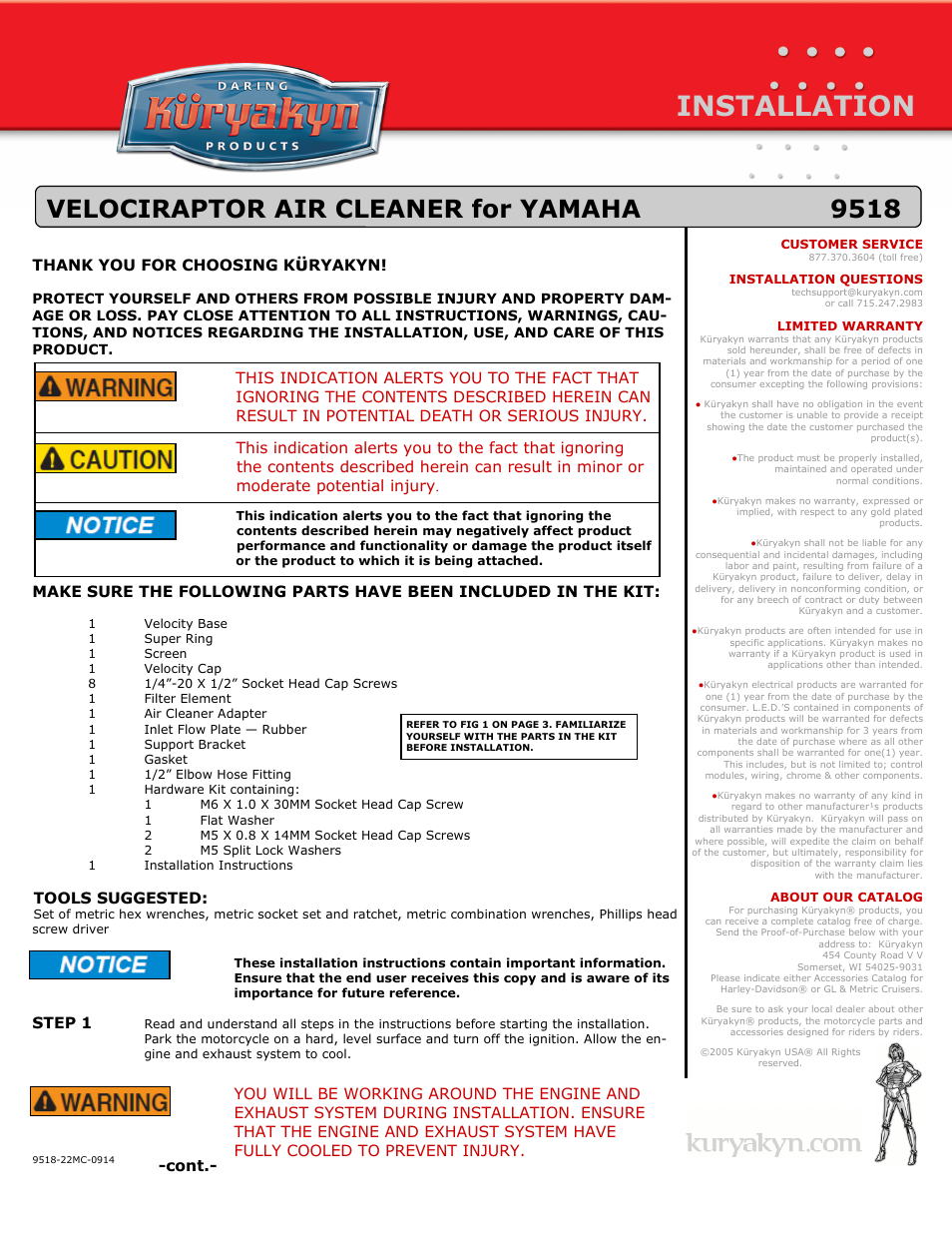 Kuryakyn 9518 VELOCIRAPTOR AIR CLEANER for YAMAHA User Manual | 3 pages