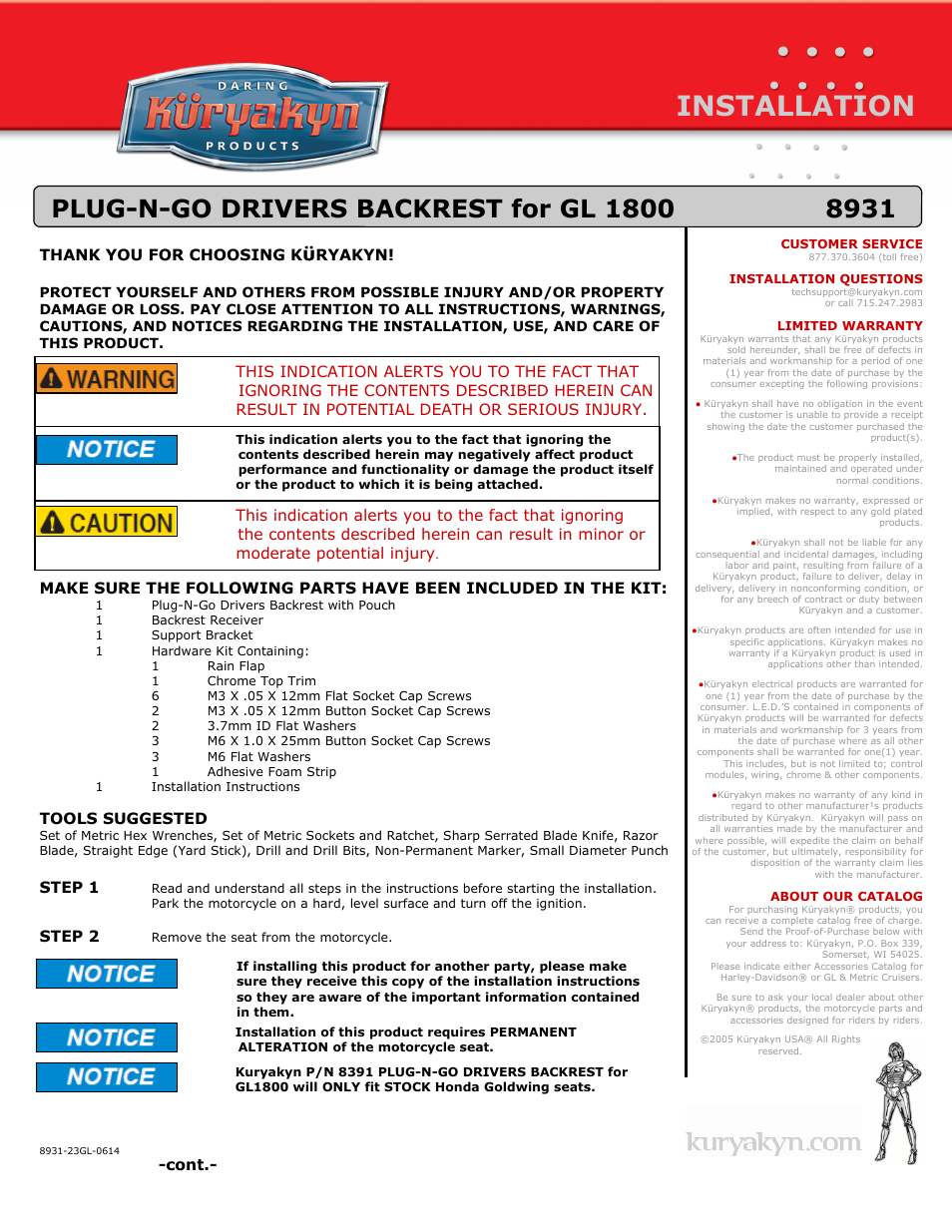 Kuryakyn 8931 PLUG-N-GO DRIVERS BACKREST for GL 1800 User Manual | 5 pages