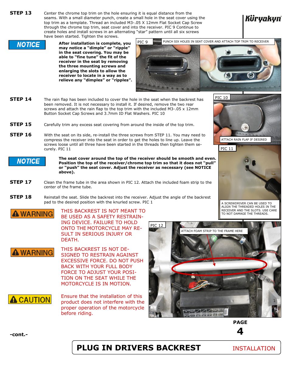 Plug in drivers backrest, Installation | Kuryakyn 8931 PLUG-N-GO DRIVERS BACKREST for GL 1800 User Manual | Page 4 / 5