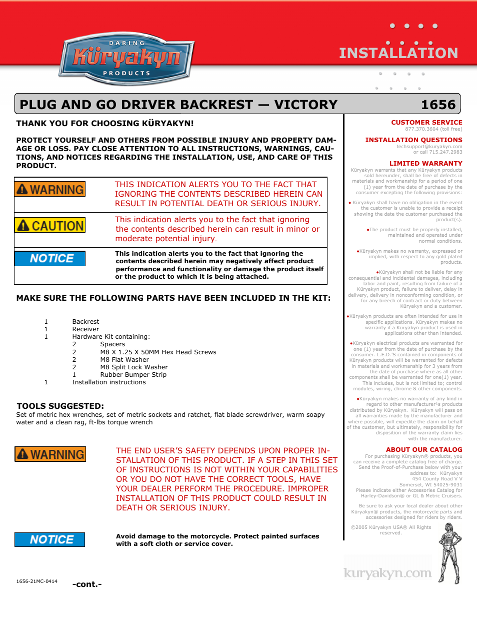 Kuryakyn 1656 PLUG AND GO DRIVER BACKREST — VICTORY User Manual | 3 pages