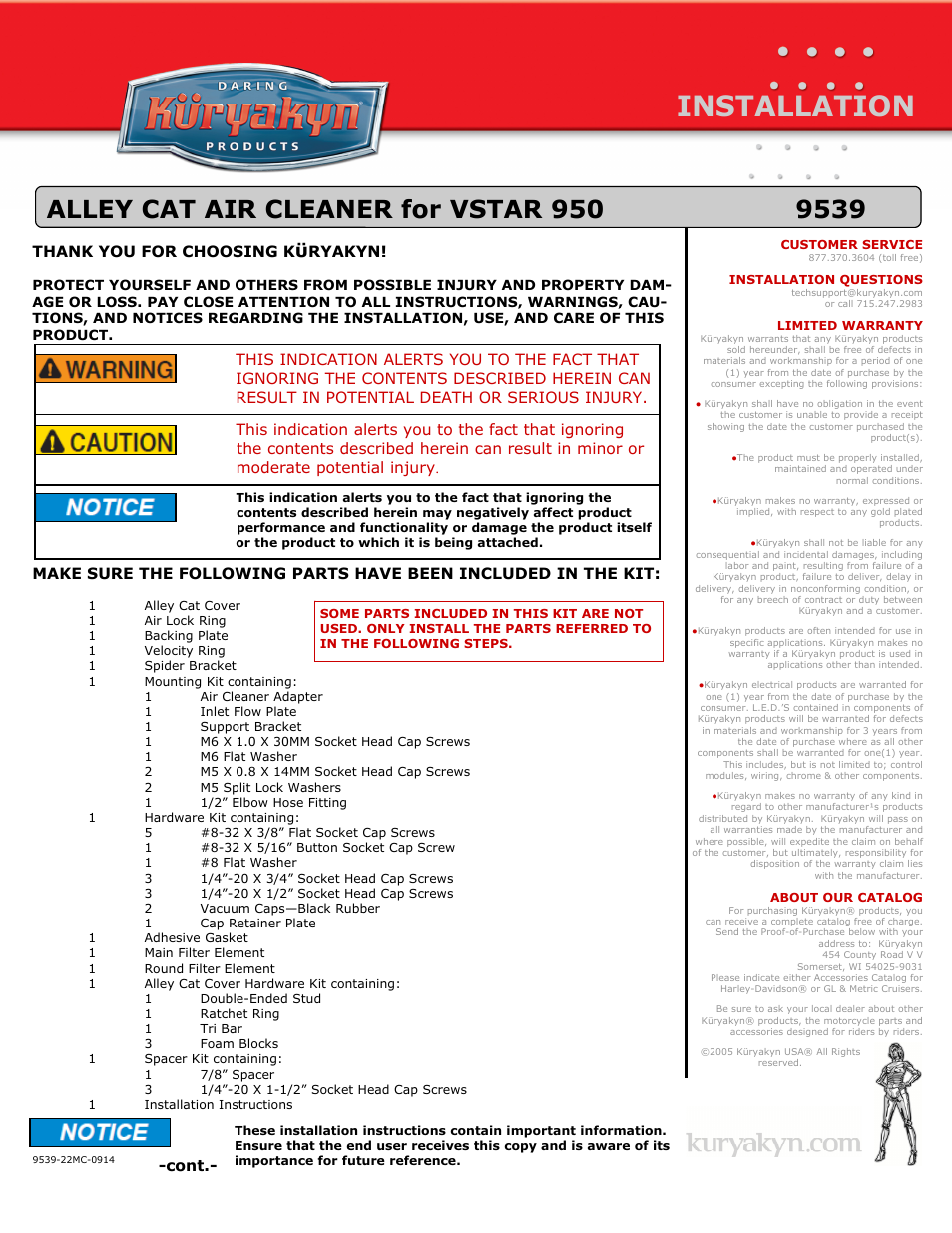 Kuryakyn 9539 ALLEY CAT AIR CLEANER for VSTAR 950 User Manual | 4 pages