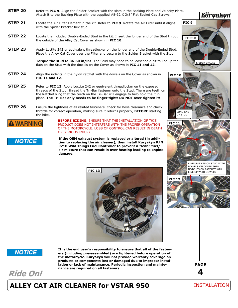 Ride on, Alley cat air cleaner for vstar 950, Installation | Kuryakyn 9539 ALLEY CAT AIR CLEANER for VSTAR 950 User Manual | Page 4 / 4