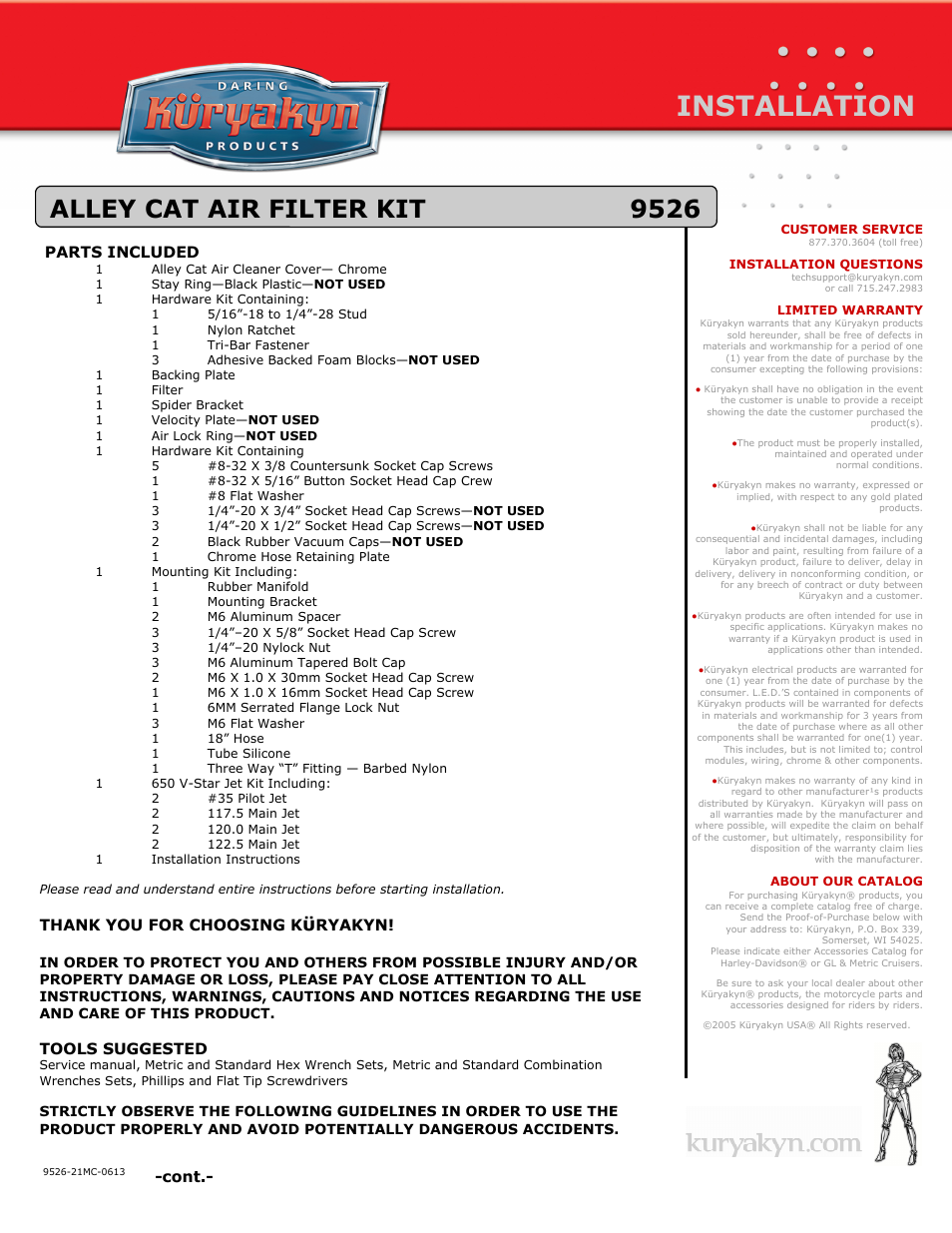 Kuryakyn 9526 ALLEY CAT AIR FILTER KIT User Manual | 5 pages