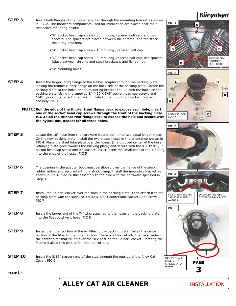 Alley cat air cleaner, Installation | Kuryakyn 9526 ALLEY CAT AIR FILTER KIT User Manual | Page 3 / 5