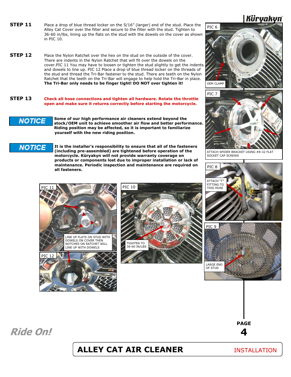 Ride on, Alley cat air cleaner, Installation | Kuryakyn 9526 ALLEY CAT AIR FILTER KIT User Manual | Page 4 / 5