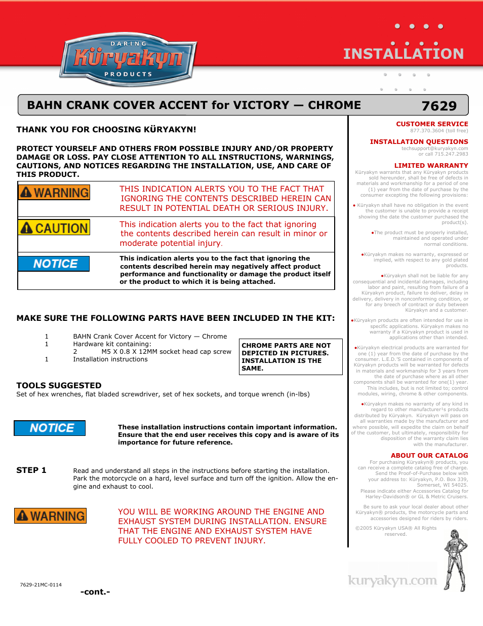 Kuryakyn 7629 BAHN CRANK COVER ACCENT for VICTORY — CHROME User Manual | 2 pages