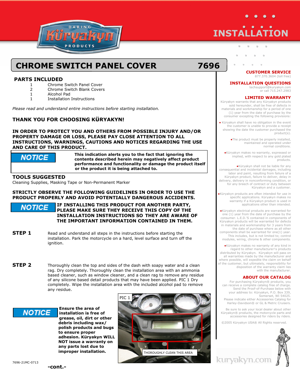 Kuryakyn 7696 CHROME SWITCH PANEL COVER User Manual | 2 pages