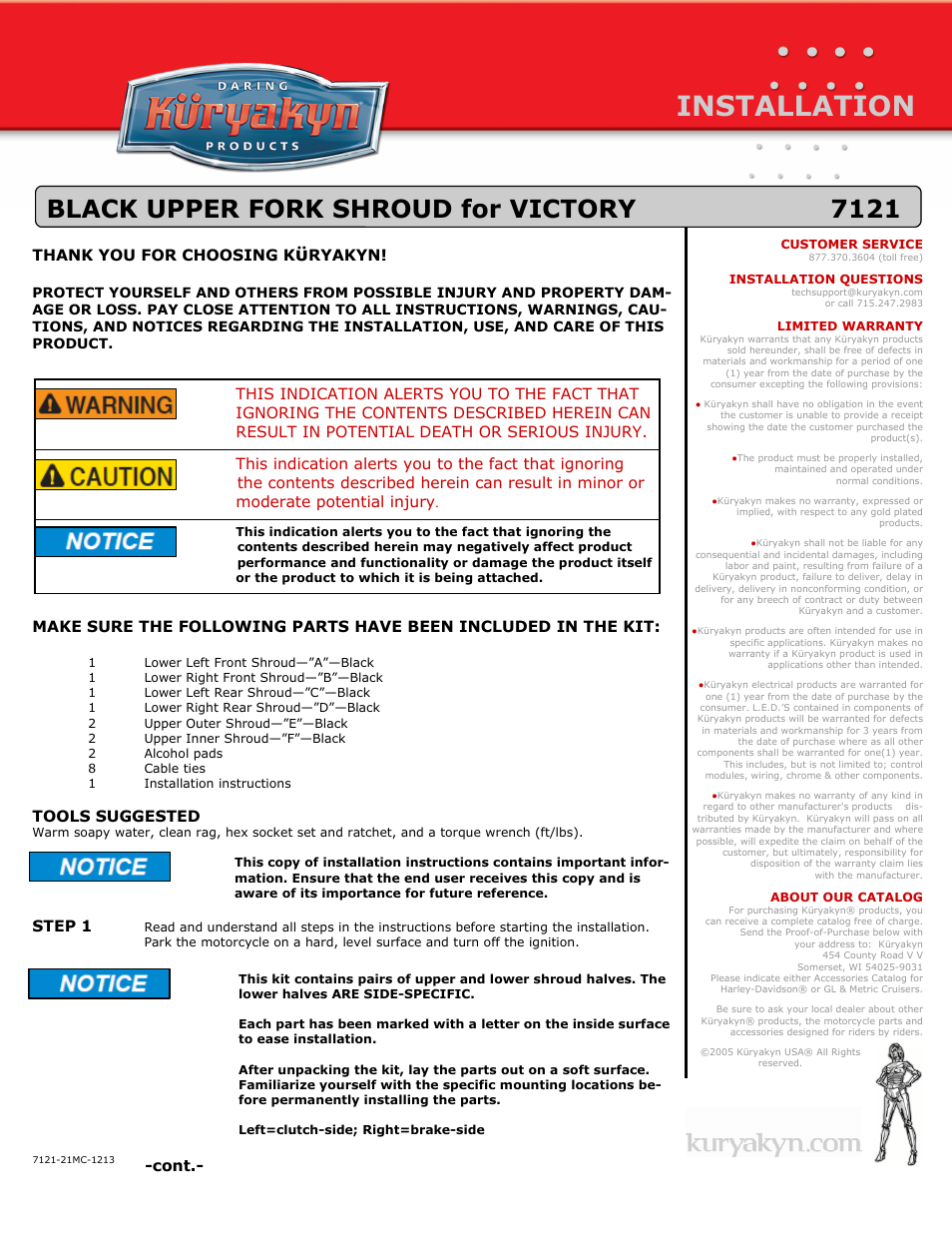 Kuryakyn 7121 BLACK UPPER FORK SHROUD for VICTORY User Manual | 3 pages