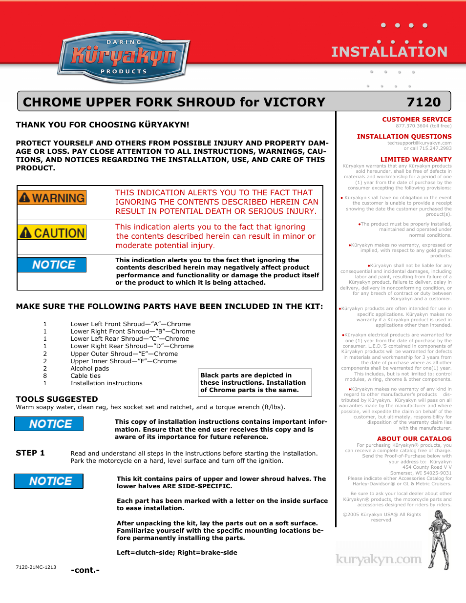 Kuryakyn 7120 CHROME UPPER FORK SHROUD for VICTORY User Manual | 3 pages