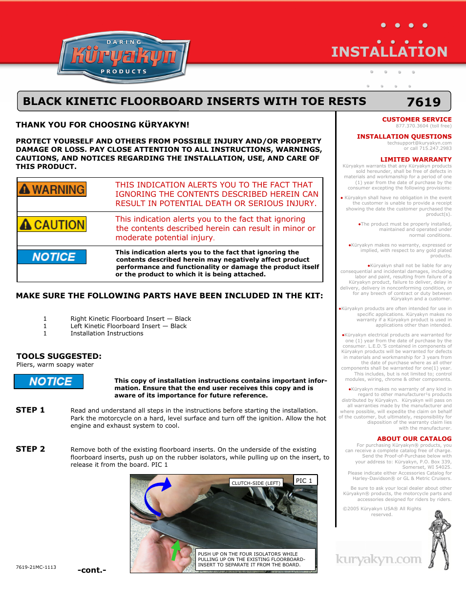 Kuryakyn 7619 BLACK KINETIC FLOORBOARD INSERTS WITH TOE RESTS User Manual | 2 pages